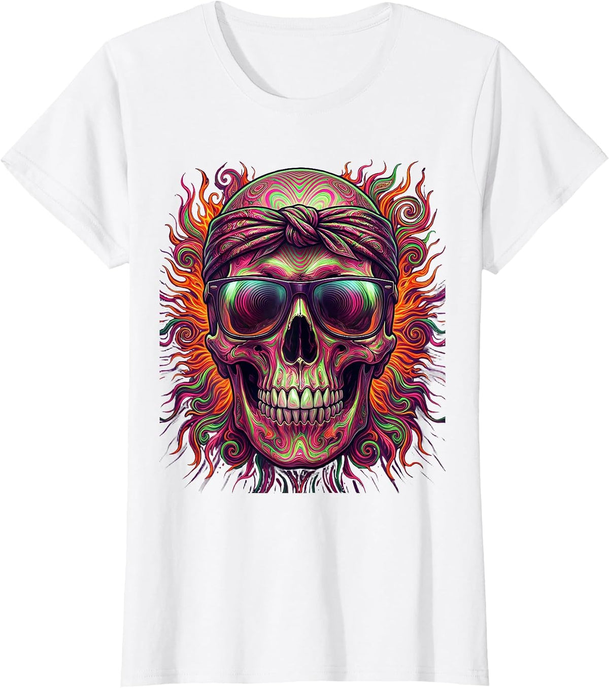 Vintage Rock Biker Skull Sunglasses Bandana Graphic T-Shirt - White