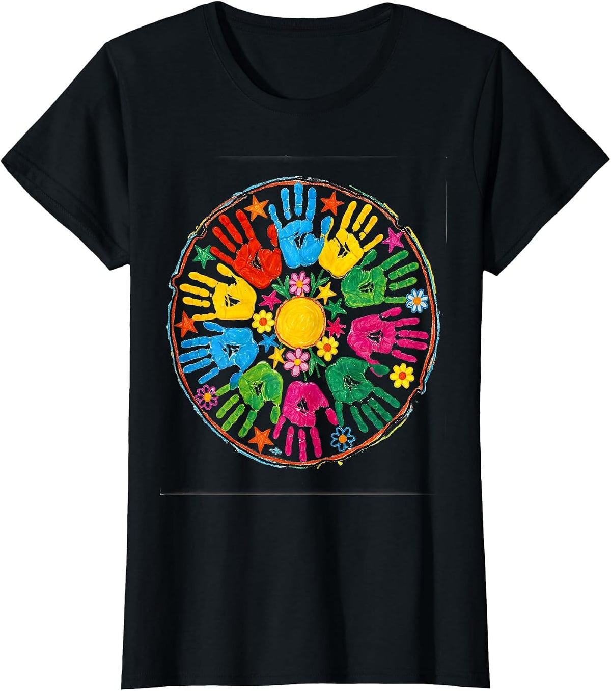 Preschool Teacher Handprint Art Graphic T-Shirt - Black