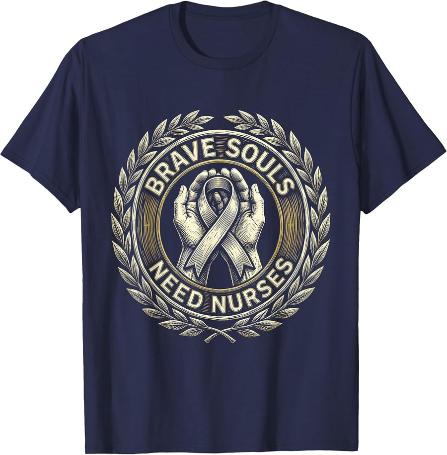 Brave Souls Need Nurses Oncology Nurse Design T-Shirt - Navy Blue