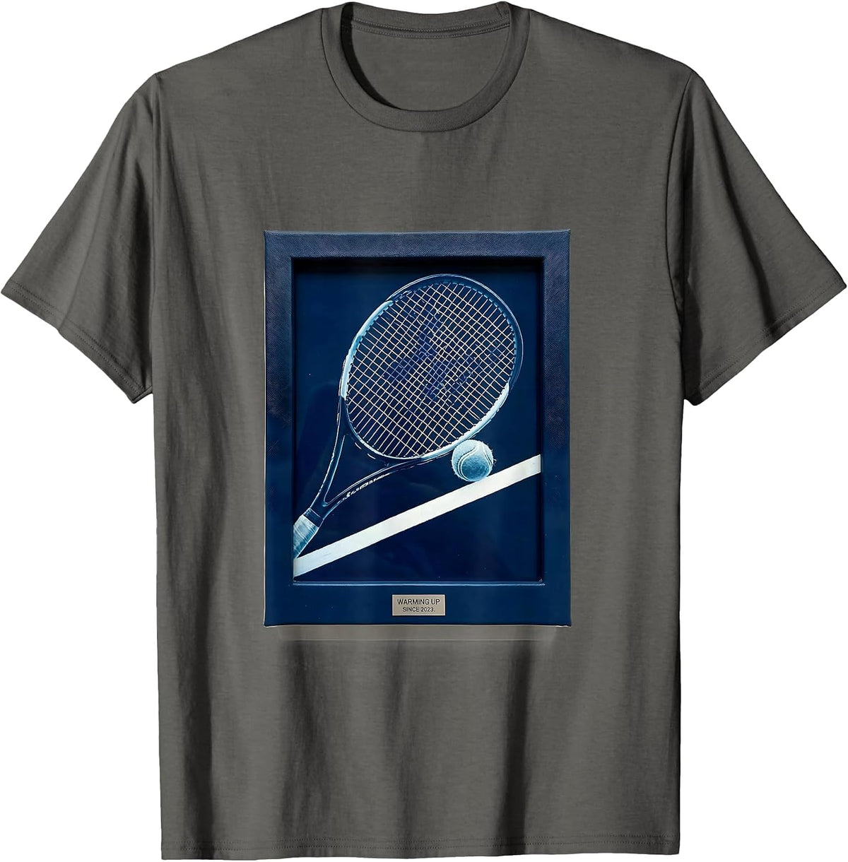 Warming Up Since 2023 Funny Tennis Player Racket Humor T-Shirt - Asphalt Grey