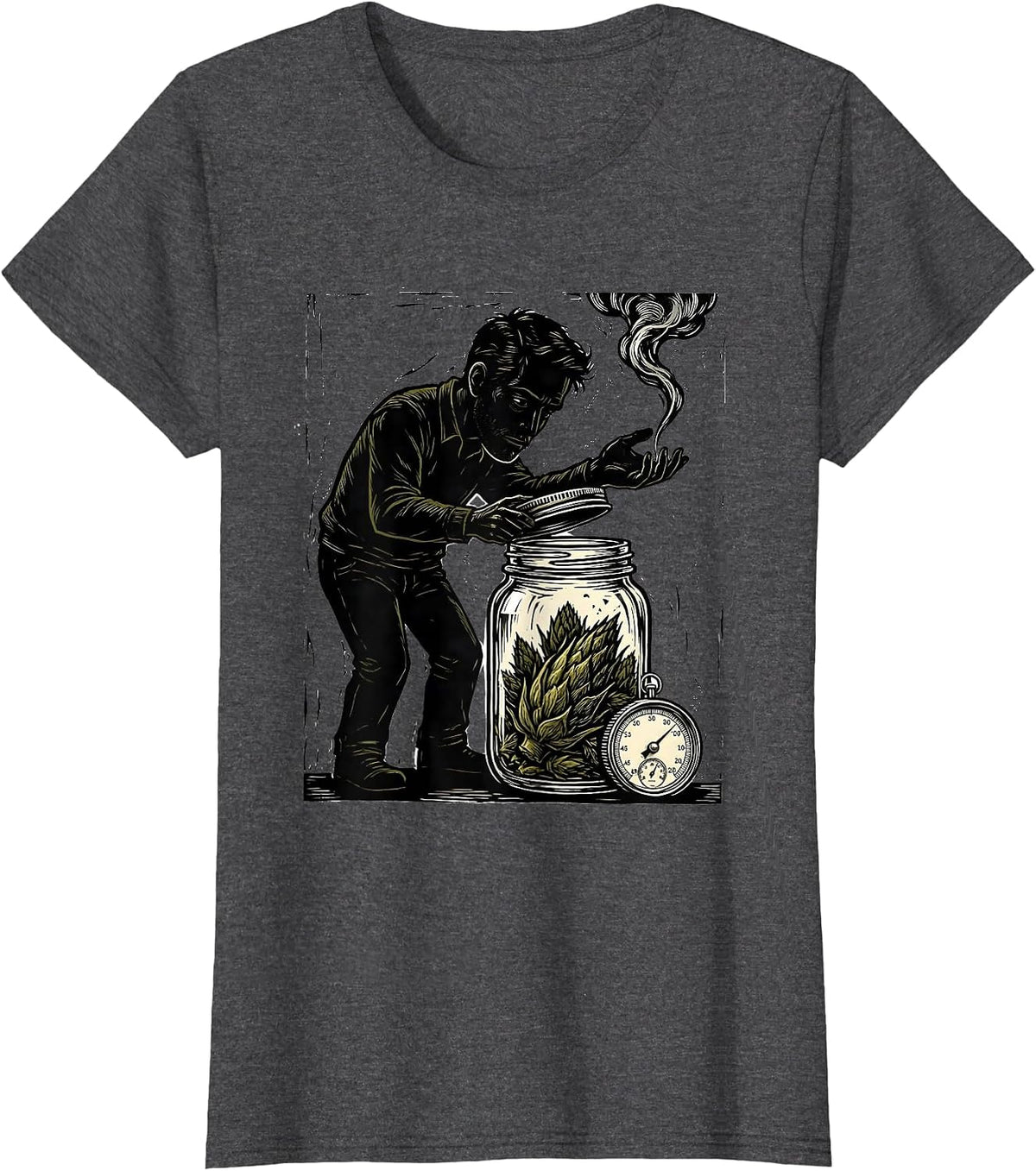 Women's Curing Jar Bud Linocut Stoner Cannabis Humor Novelty T-Shirt - Dark Heather Grey
