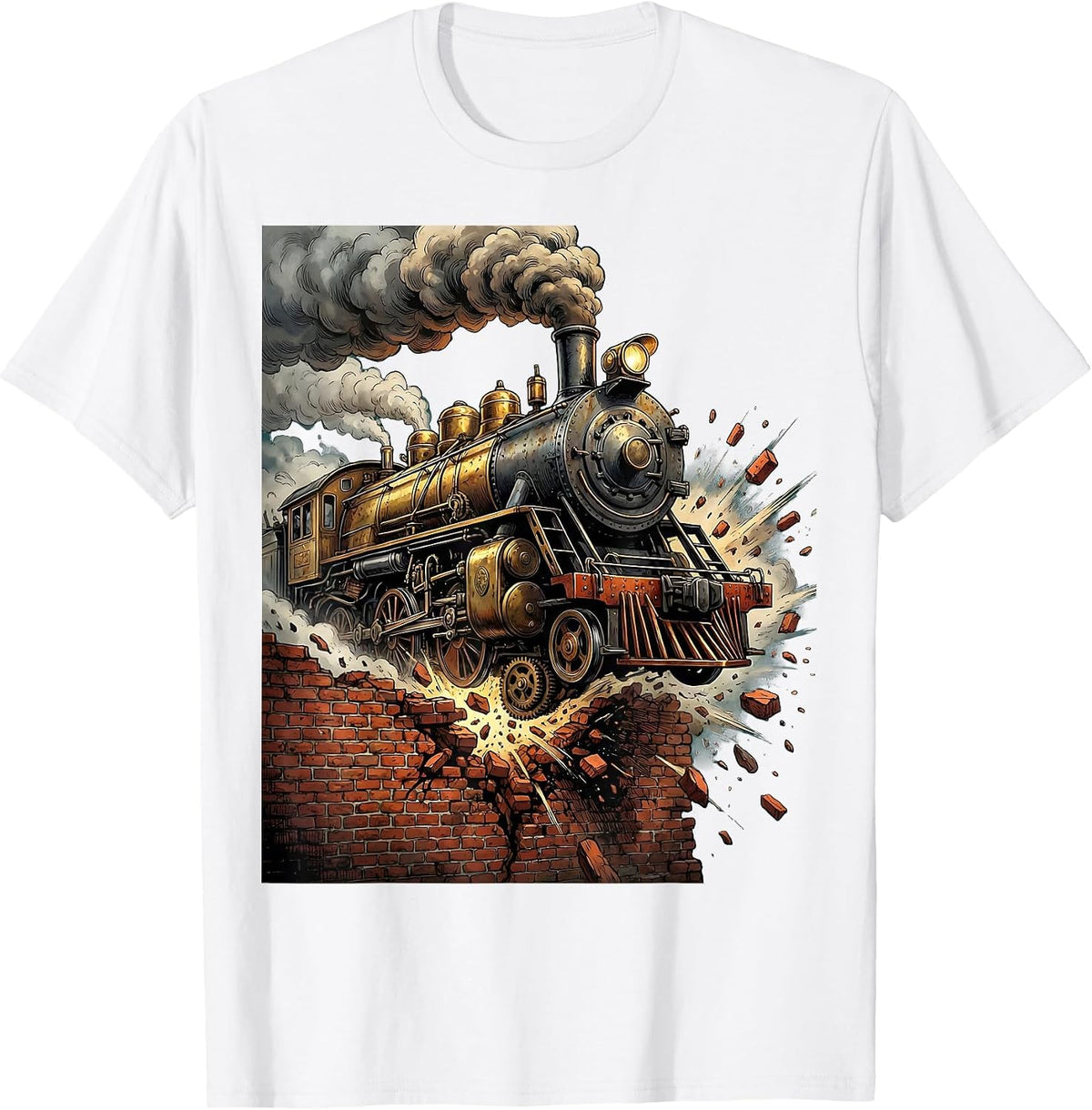 Men's Steampunk Locomotive Bursting Through Brick Wall T-Shirt - White