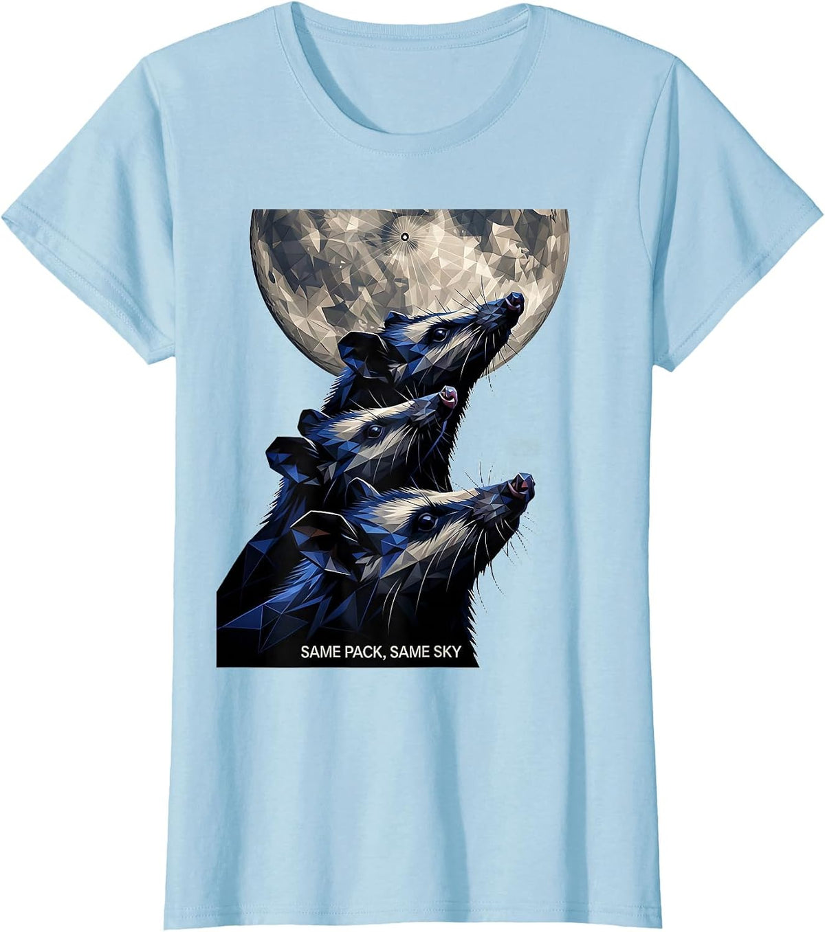Women's Same Pack, Same Sky Geometric Opossum Wildlife Lover Meme T-Shirt - Baby Blue