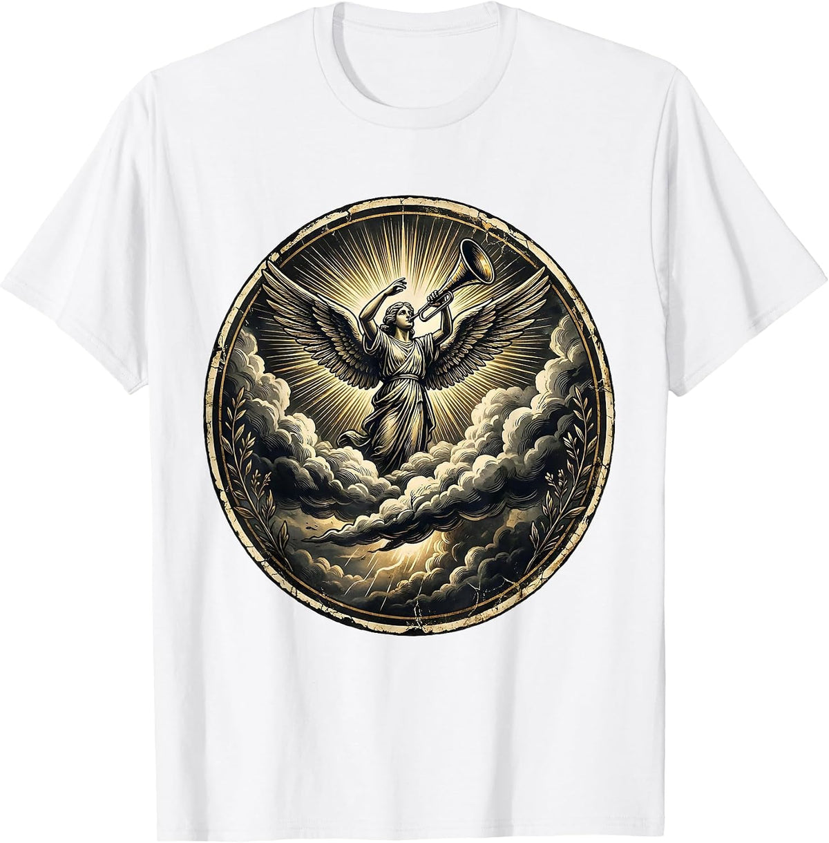 Men's Trumpet Angel Parting Storm Clouds Christian Art T-Shirt - White
