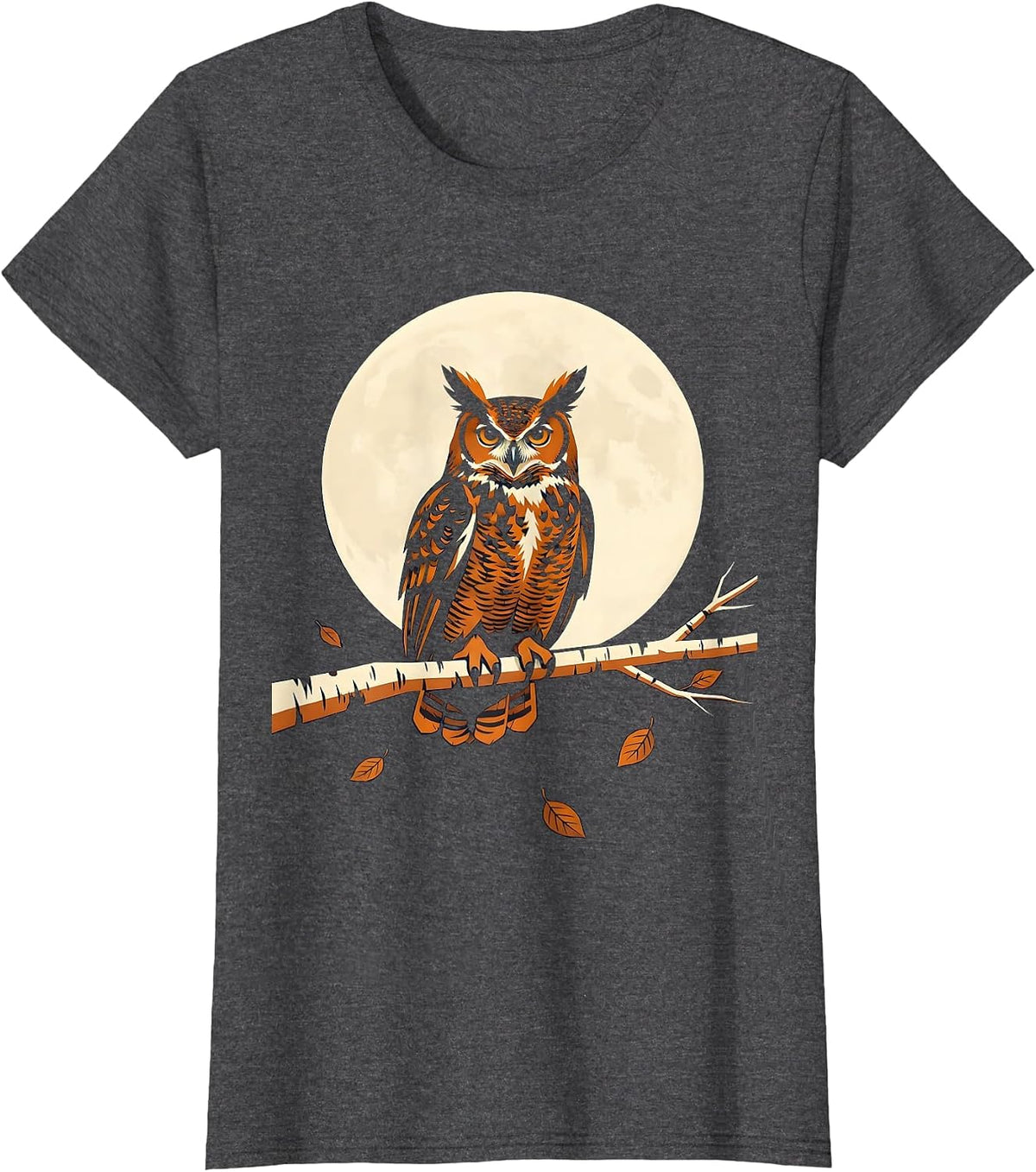 Women's Owl on Birch Branch Autumn Night Illustration T-Shirt - Dark Heather Grey