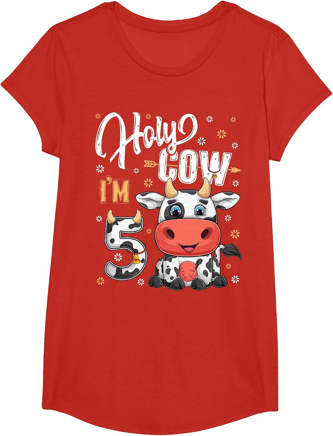 Holy Cow I'm Five 5 Year Old Cows Farm Theme 5th Birthday T-Shirt - Girls Red