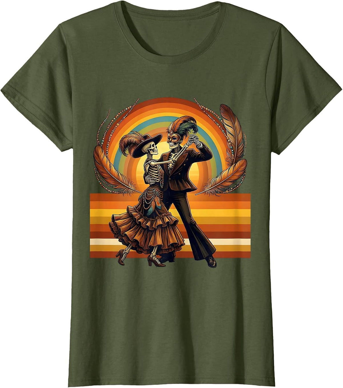 Women's Mardi Gras Dancing Skeleton Couple Costume T-Shirt - Olive Green