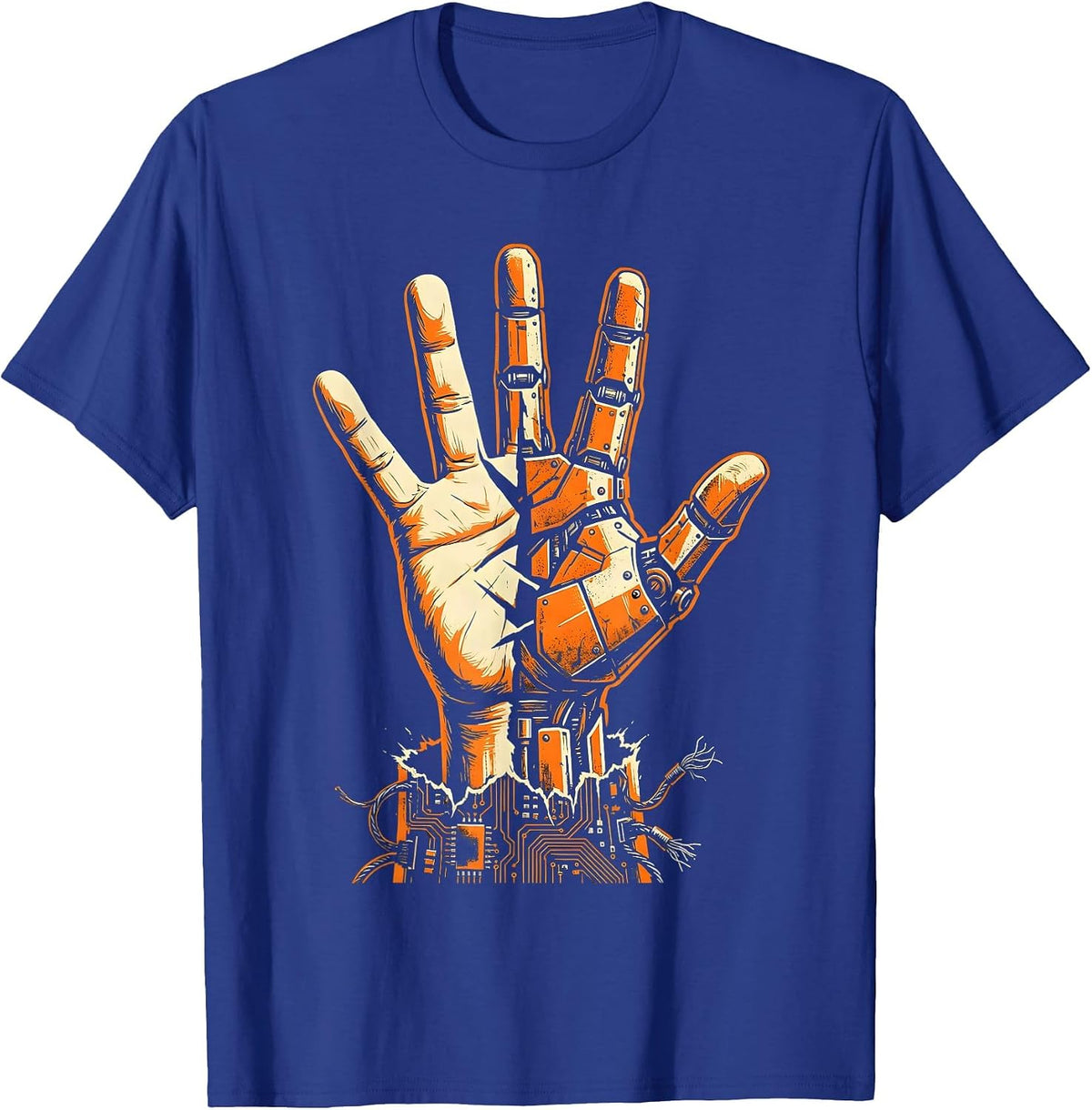 Men's Cyberpunk Half-Machine Hand Reaching Upward T-Shirt - Royal Blue