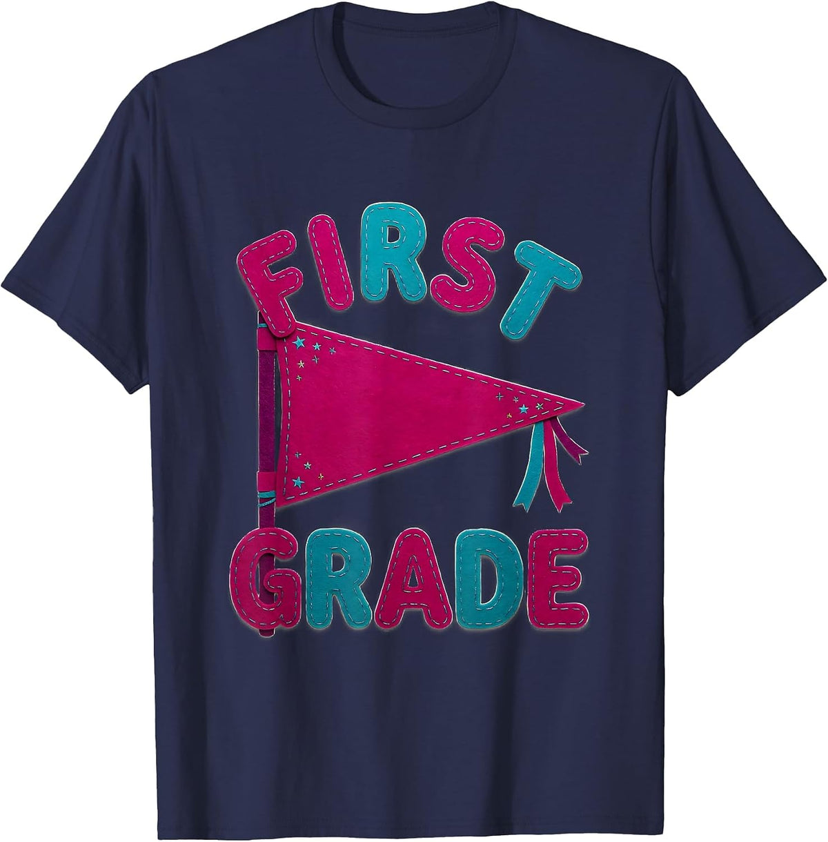 First Grade Cheerful Pennant Back To School Girl T-Shirt - Navy Blue