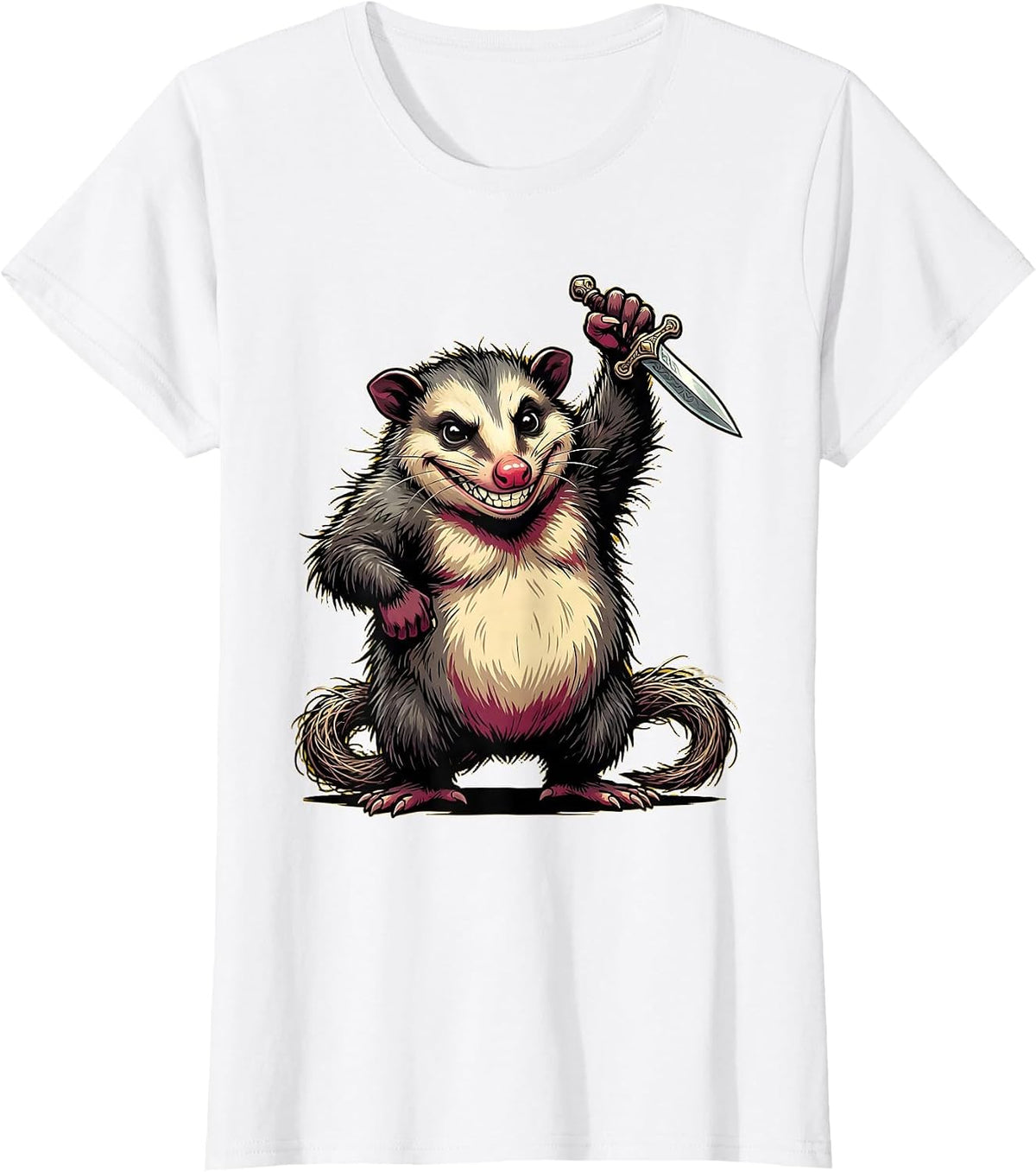 Women's Opossum Holding a Tiny Dagger Illustration T-Shirt - White
