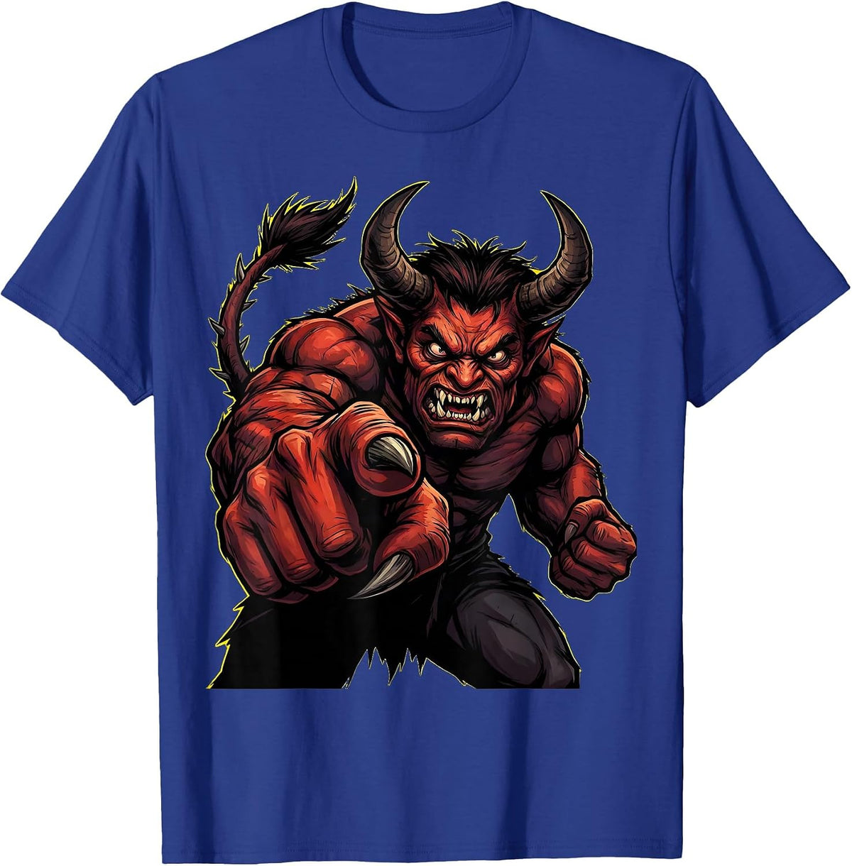 Angry Horned Demon Pointing Finger Graphic T-Shirt - Royal Blue