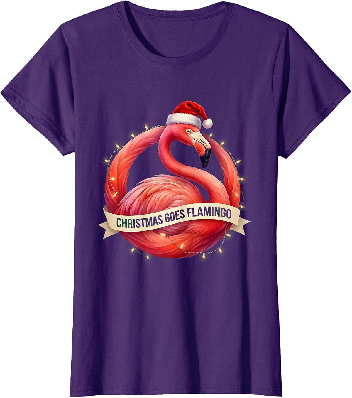 Women's Christmas Goes Flamingo Gradient Whimsical Holiday Humor T-Shirt - Purple