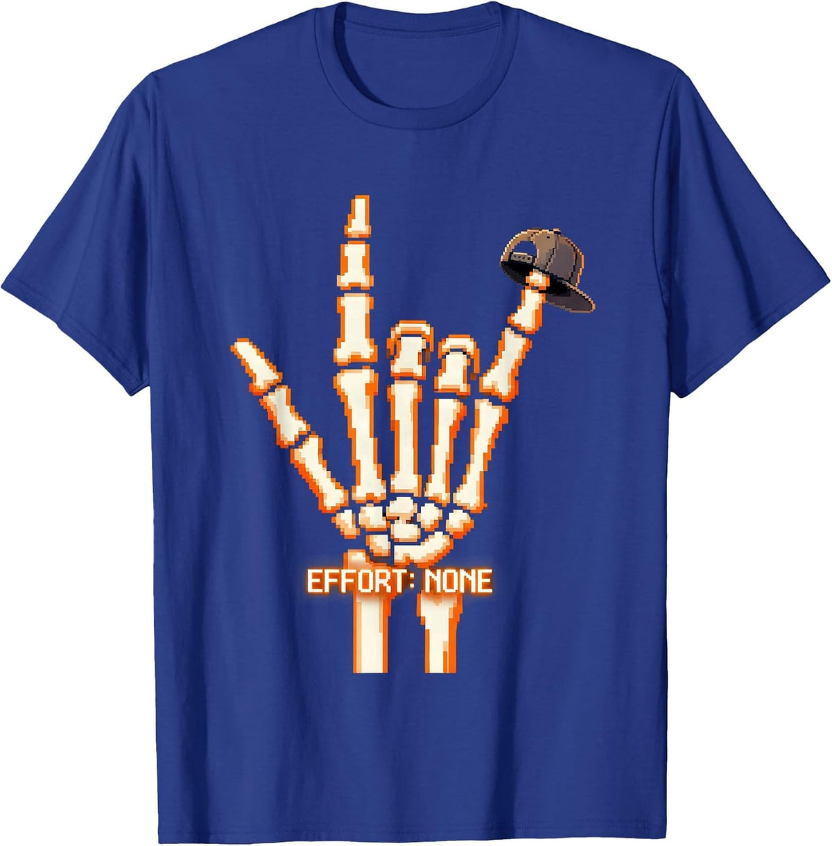 Men's Effort: None Pixel Art Skeleton Rock On Halloween Humor T-Shirt - Royal Blue