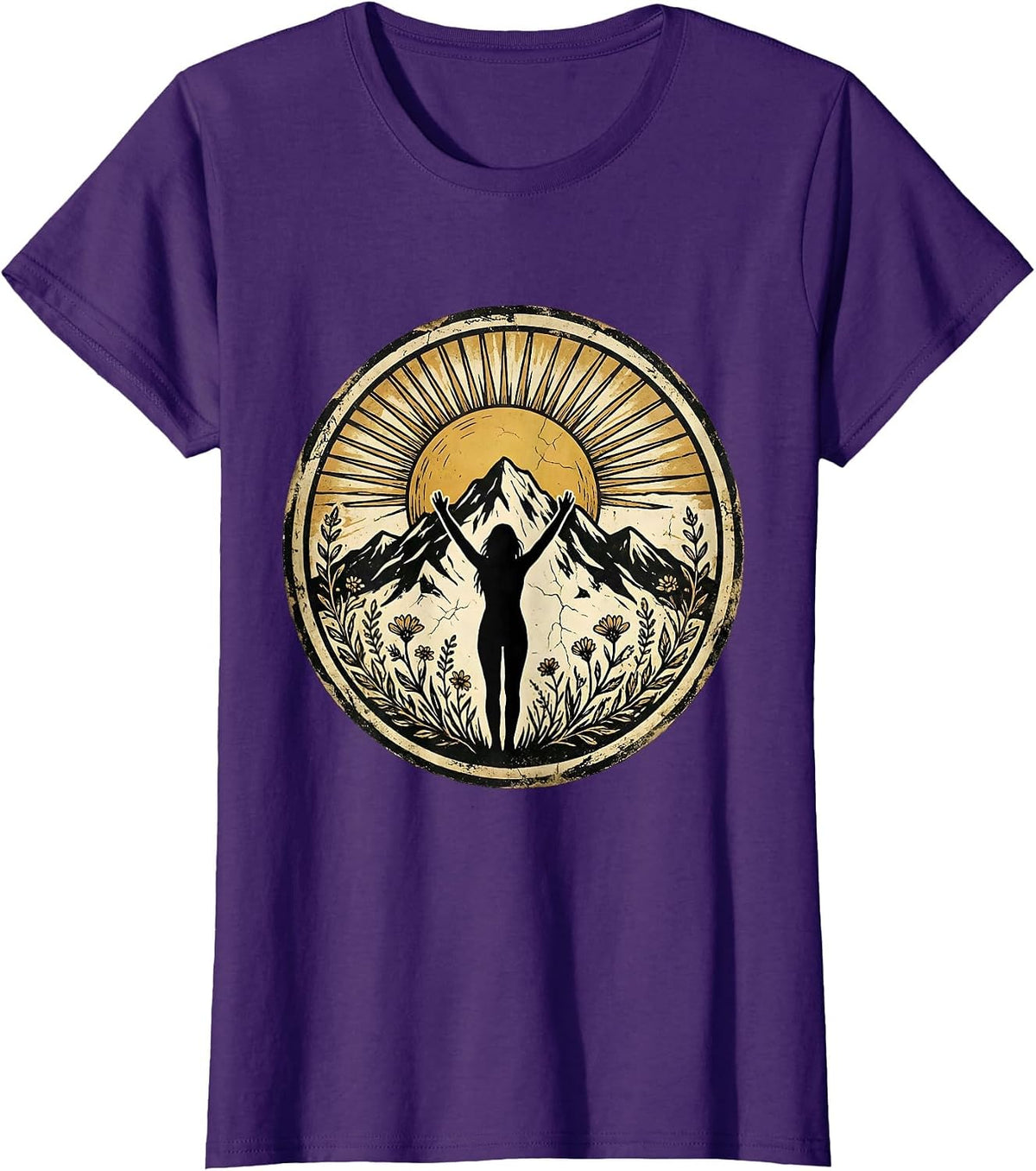 Women's Strong Woman Climbing Mountain Peak Sunrise Art T-Shirt - Purple