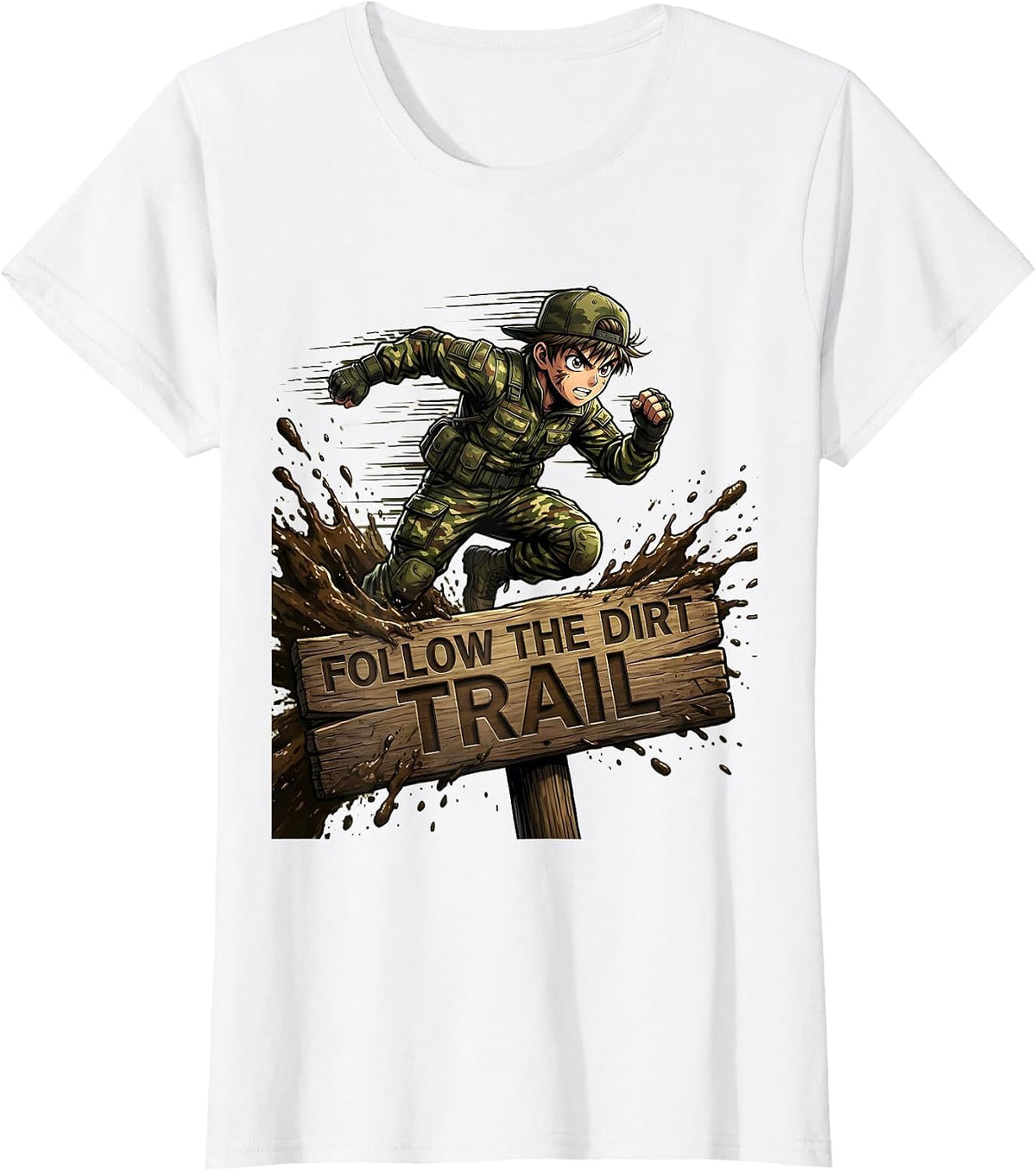Boys Camo Follow the Dirt Trail Design T-Shirt - White