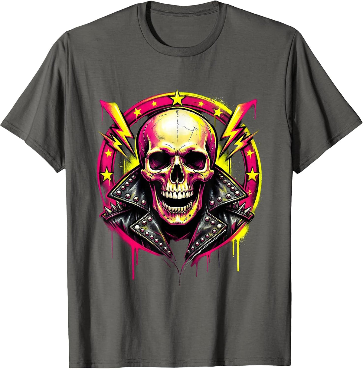 80s Rock Skull Studded Leather Jacket Graphic T-Shirt - Asphalt Grey