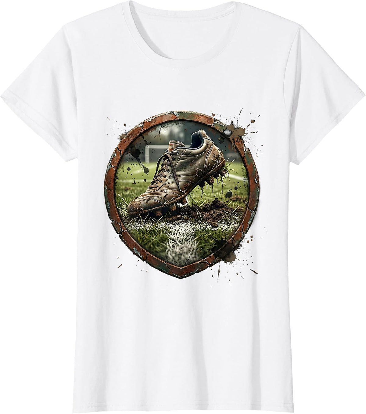 Muddy Rugby Boots on Pitch Grass Illustration T-Shirt - White