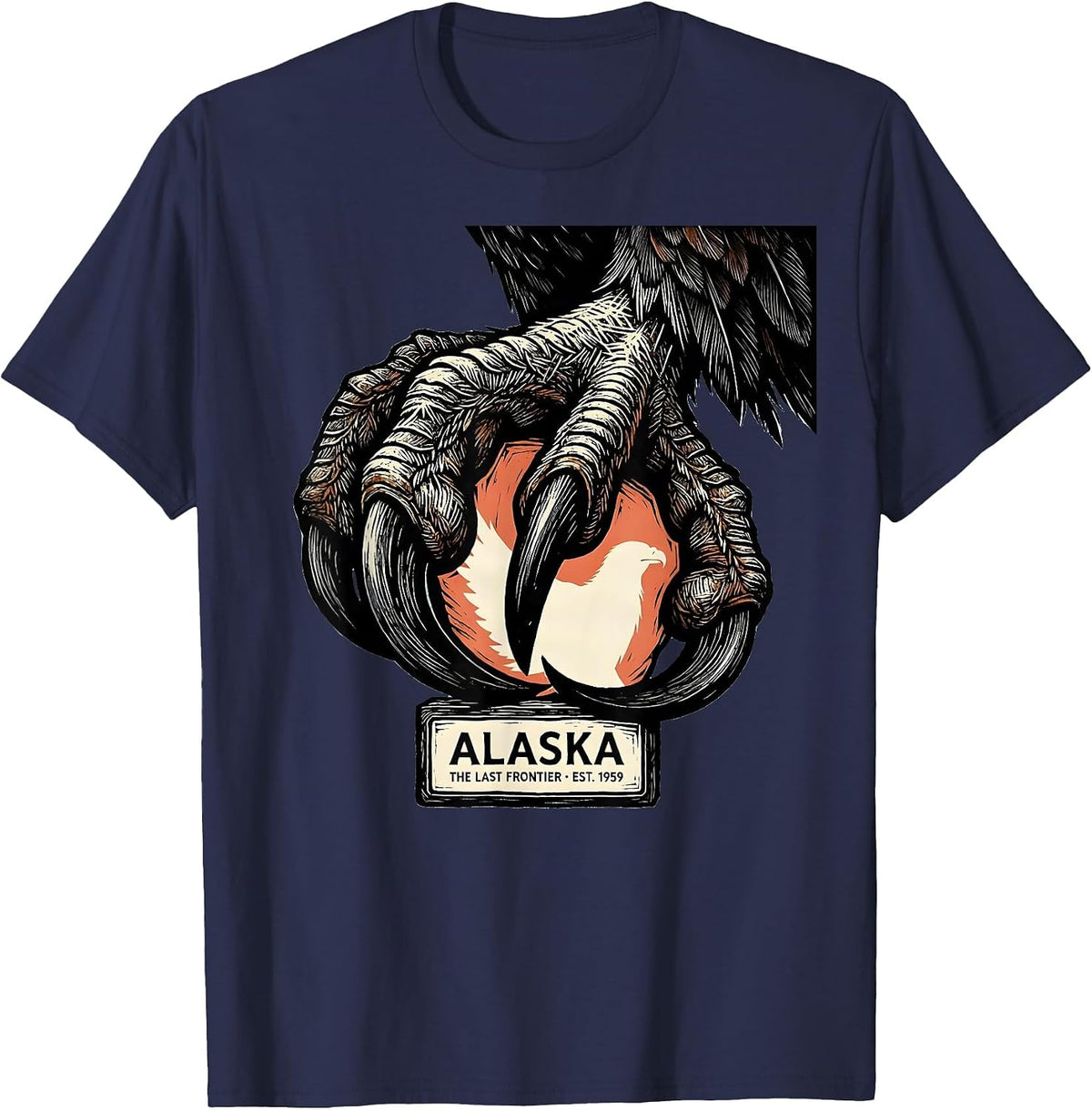 Men's Alaska The Last Frontier Est 1959 Linocut Eagle Salmon T-Shirt - Navy Blue
