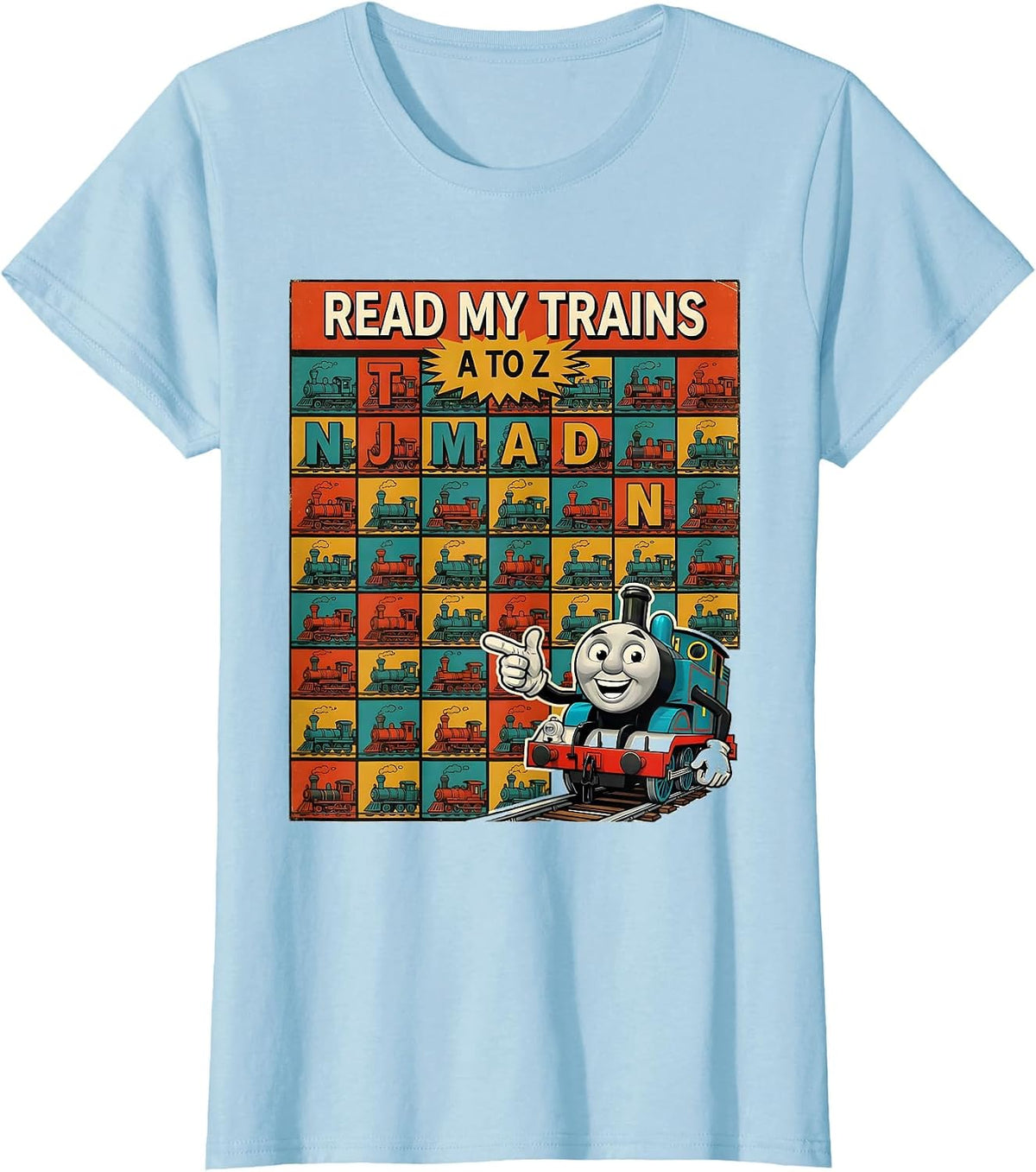 Women's Read My Trains A to Z Retro Alphabet ABC Learning Chart For T-Shirt - Baby Blue