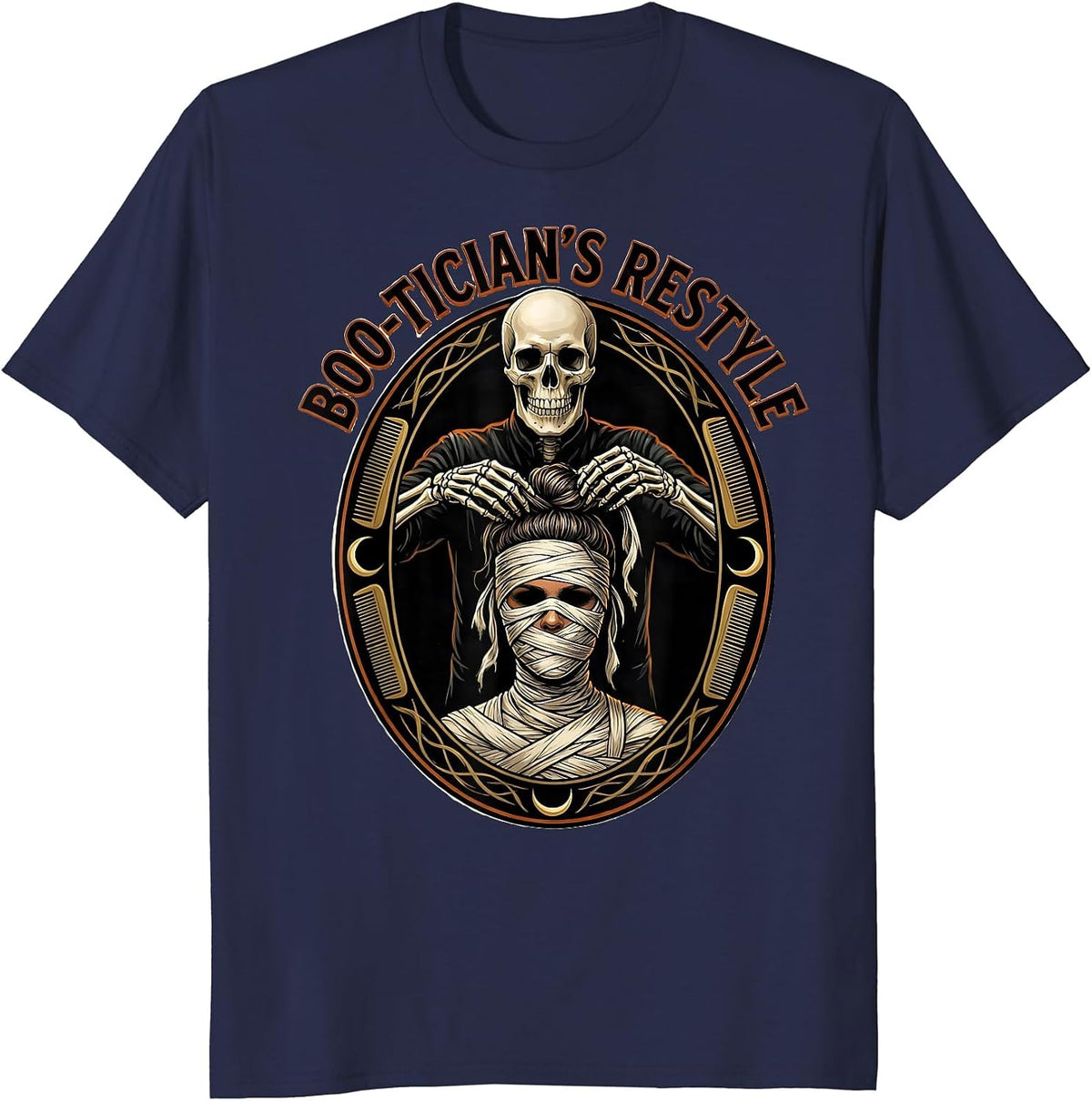 Boo-tician's Restyle Funny Skeleton Hairstylist Halloween T-Shirt - Navy Blue