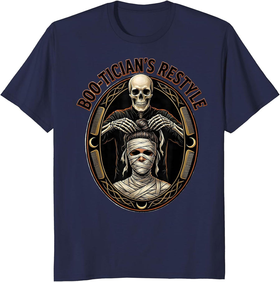 Boo-tician's Restyle Funny Skeleton Hairstylist Halloween T-Shirt - Navy Blue