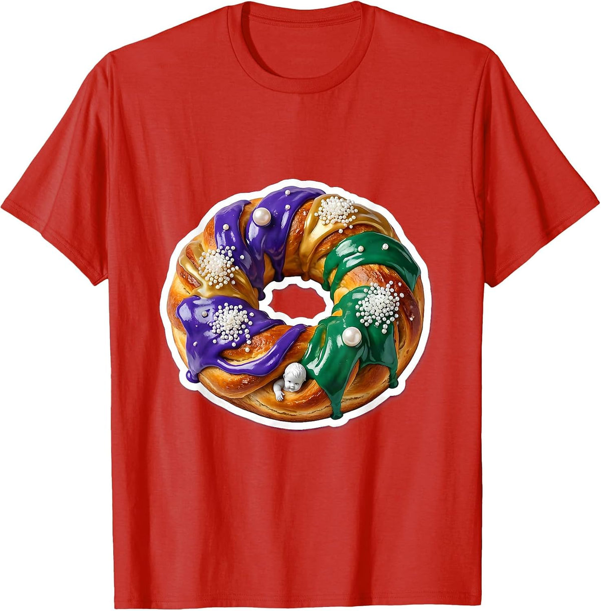 Men's Mardi Gras King Cake Purple Gold Green Icing T-Shirt - Red