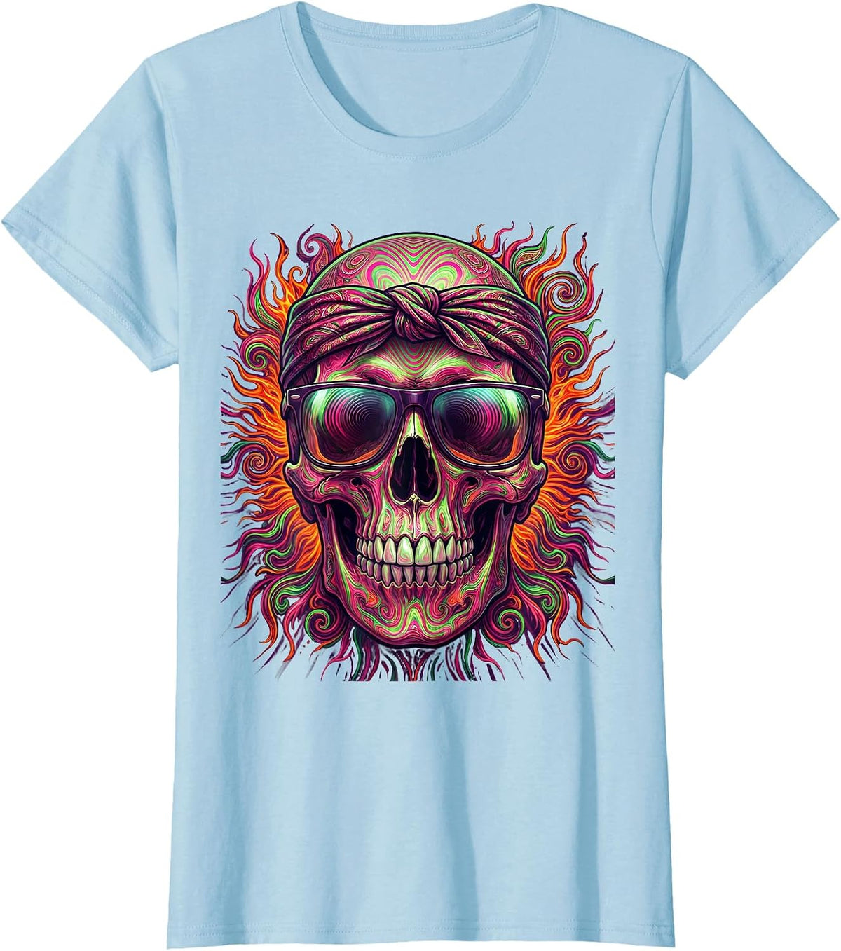 Vintage Rock Biker Skull Sunglasses Bandana Graphic T-Shirt - Baby Blue