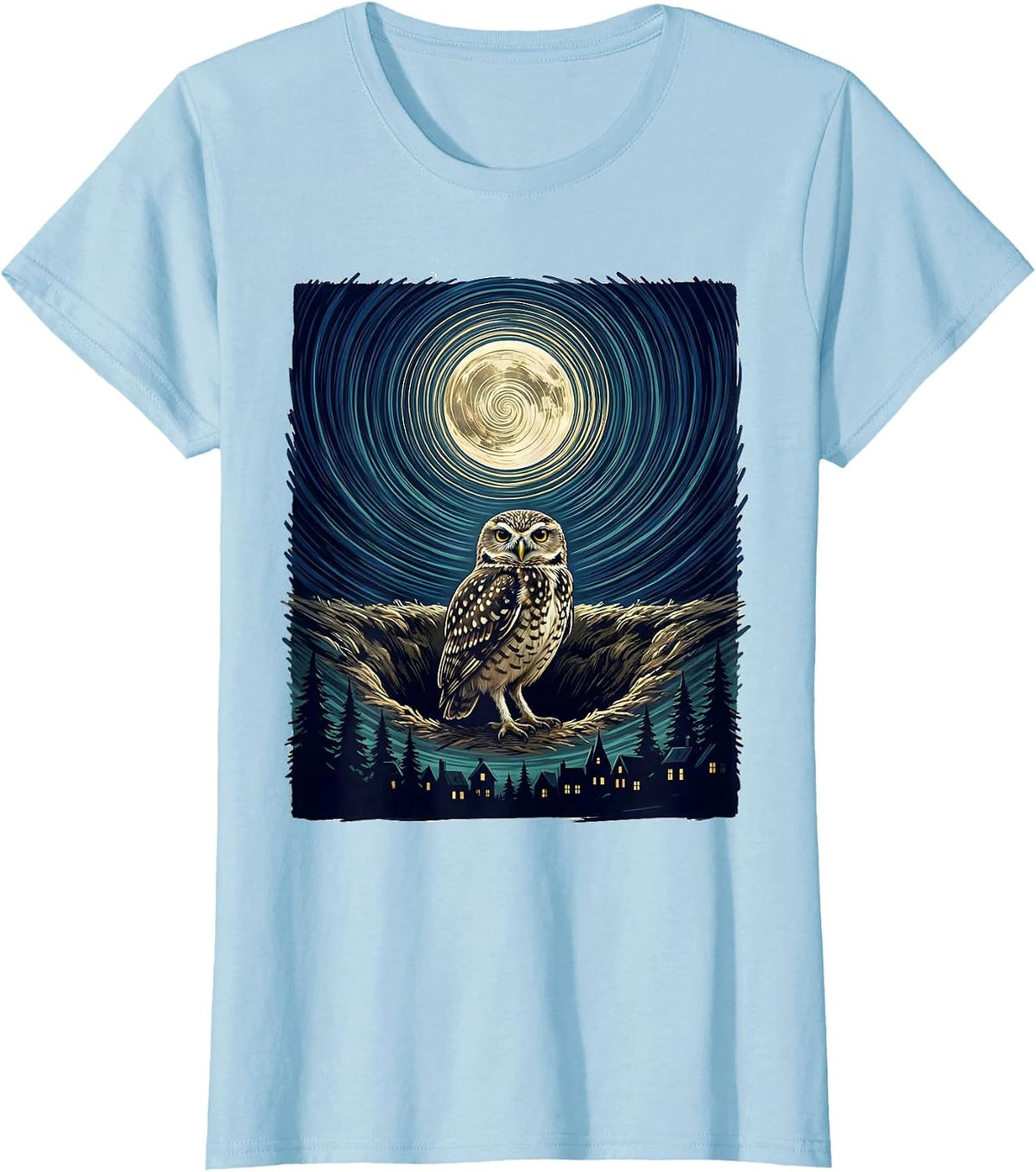 Women's Burrowing Owl Van Gogh Starry Night Art Lover T-Shirt - Baby Blue