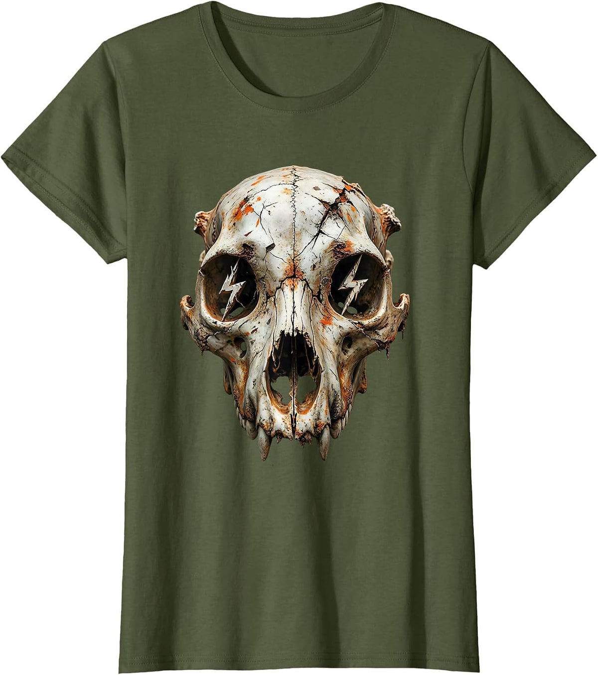 Women's Dog Skull Lightning Bolt Eyes Graphic Design T-Shirt - Olive Green