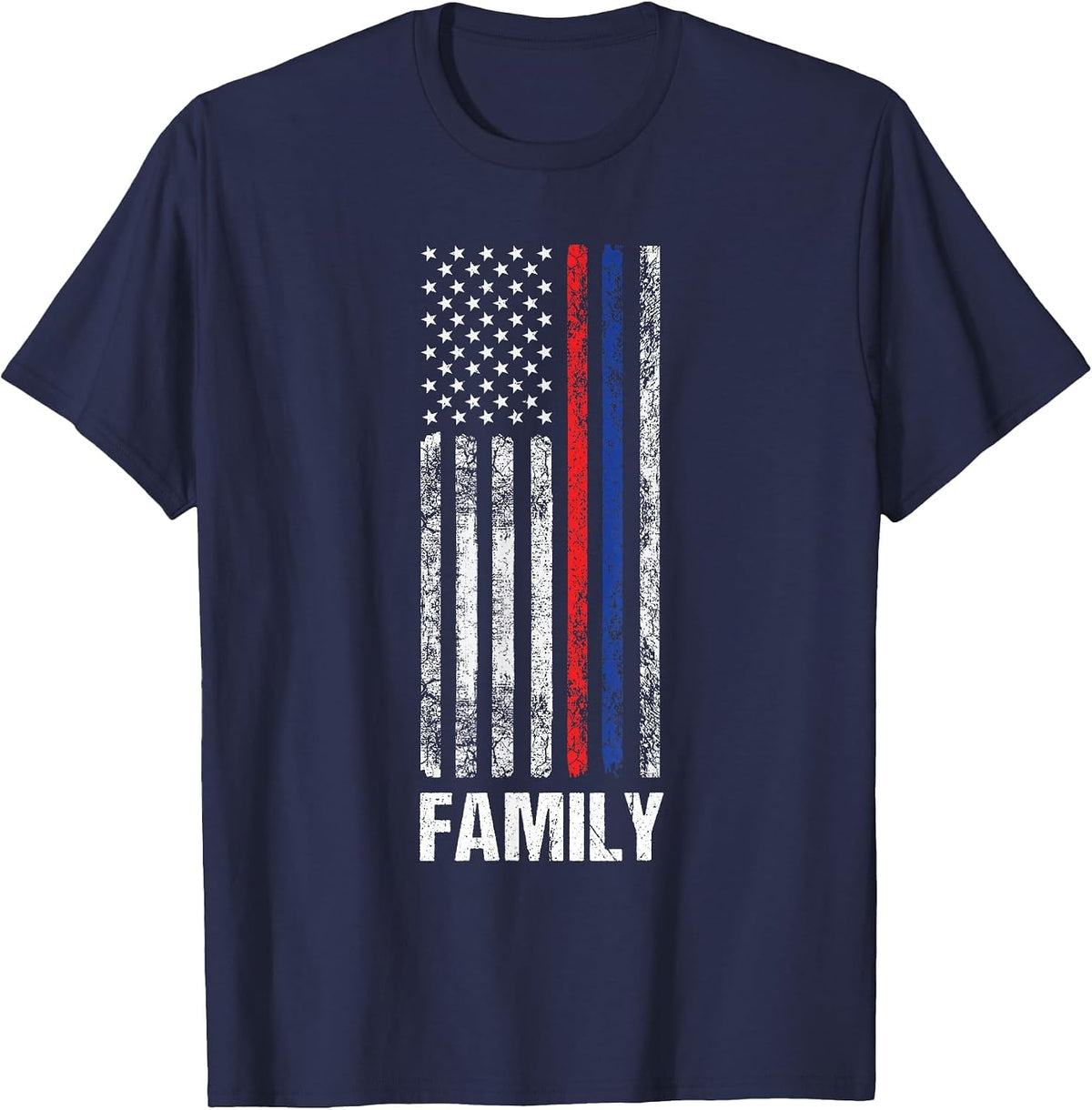 Thin Red Blue Flag Patriotic Support Police Fireman T-Shirt - Navy Blue