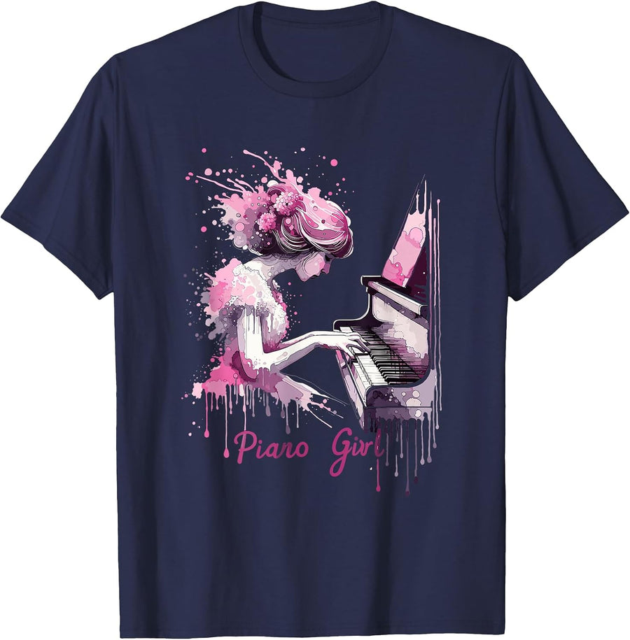 Cute Piano Girl Pianist Keyboard Musician Classical Music T-Shirt - Navy Blue