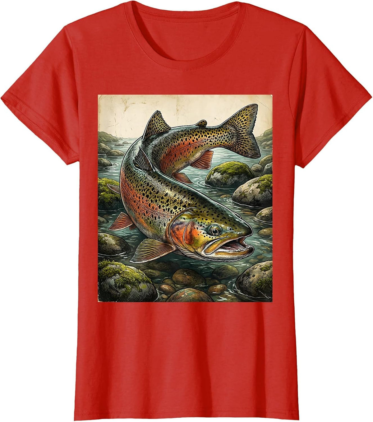 Trout Swimming Mountain Stream Fishing Illustration T-Shirt - Red