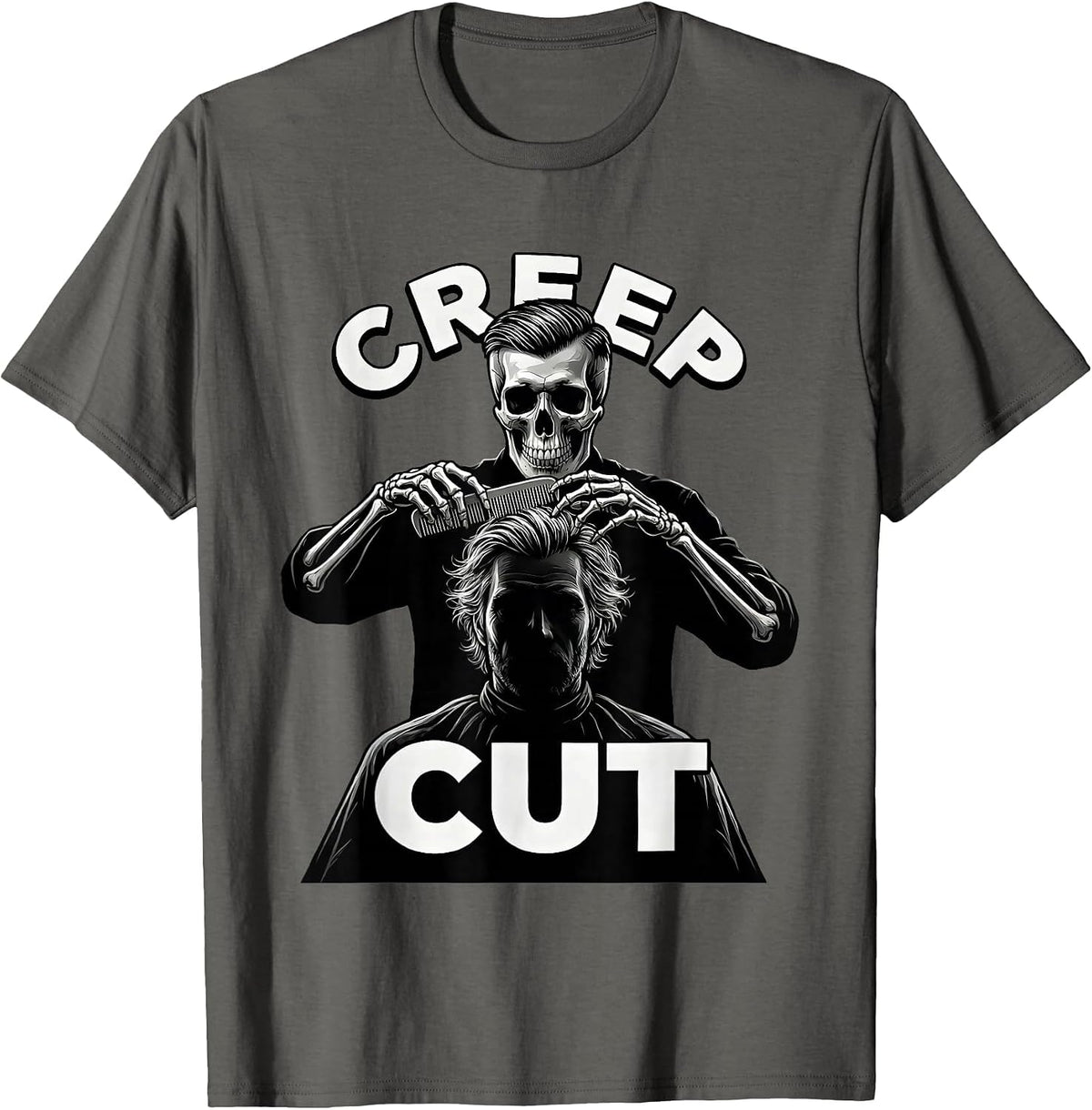 Men's Creep Cut Skeleton Hairstylist Halloween Barber Humor T-Shirt - Asphalt Grey