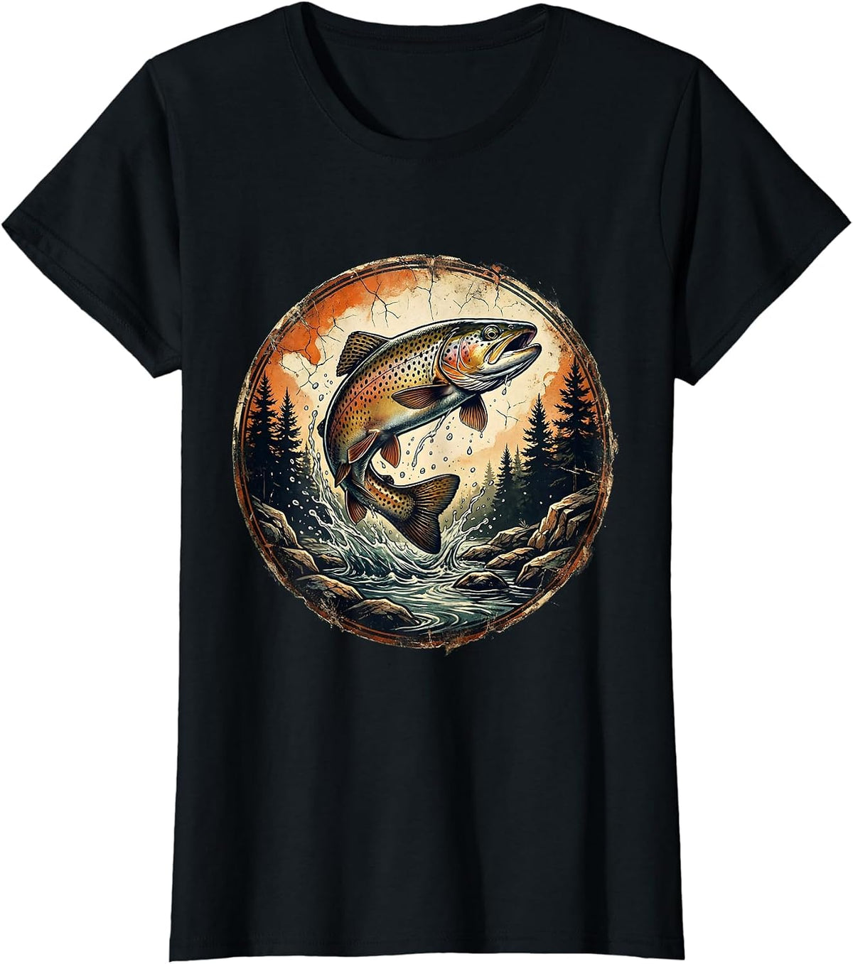 Leaping Brook Trout Forest Stream Fishing Graphic T-Shirt - Black
