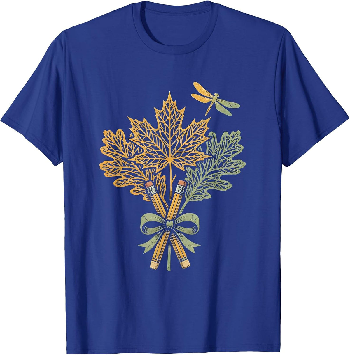 Fall Leaf Skeleton Pencil Art Teacher Design T-Shirt - Royal Blue