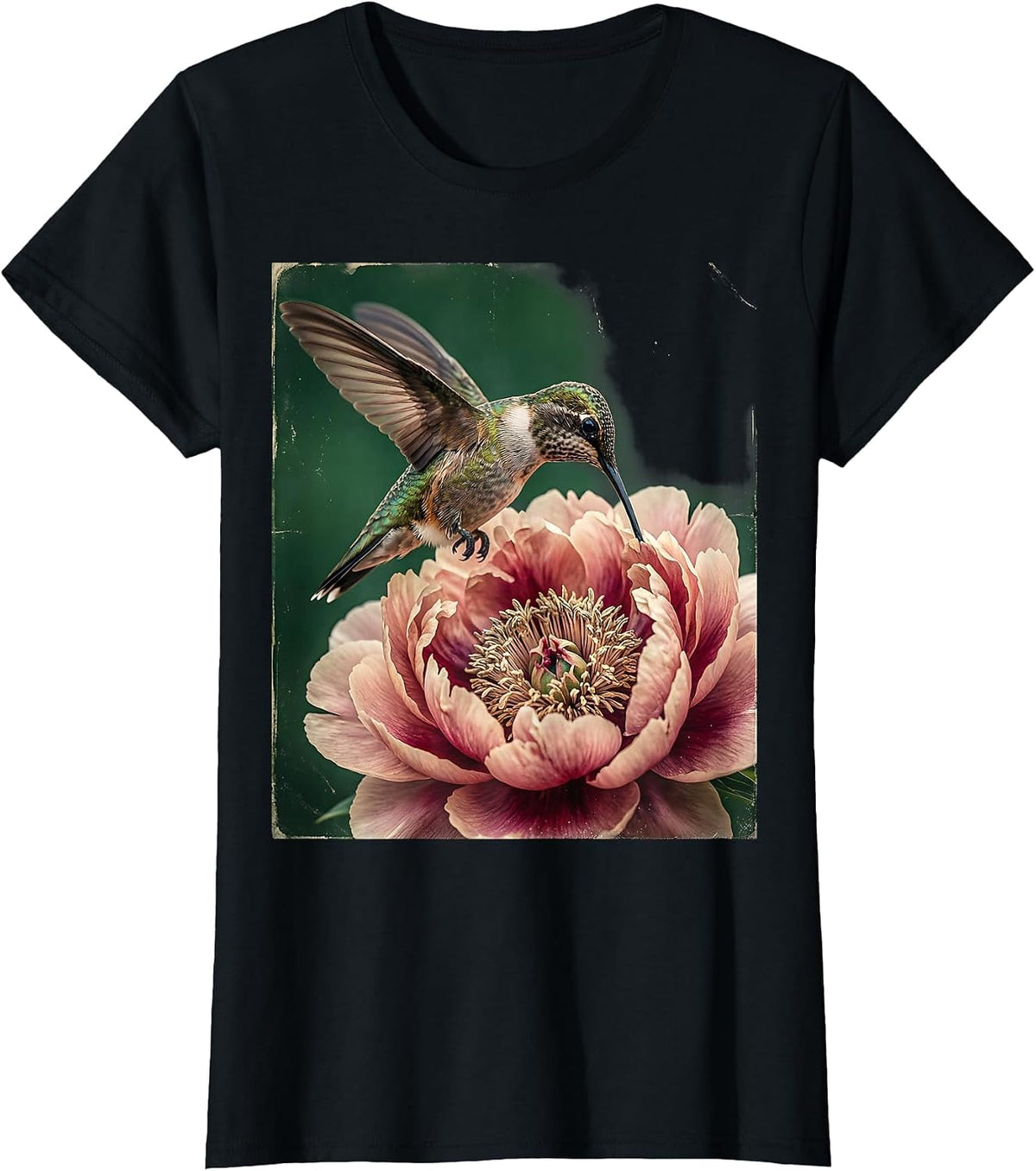 Hummingbird Pink Peony Bloom Floral Art T-Shirt - Black