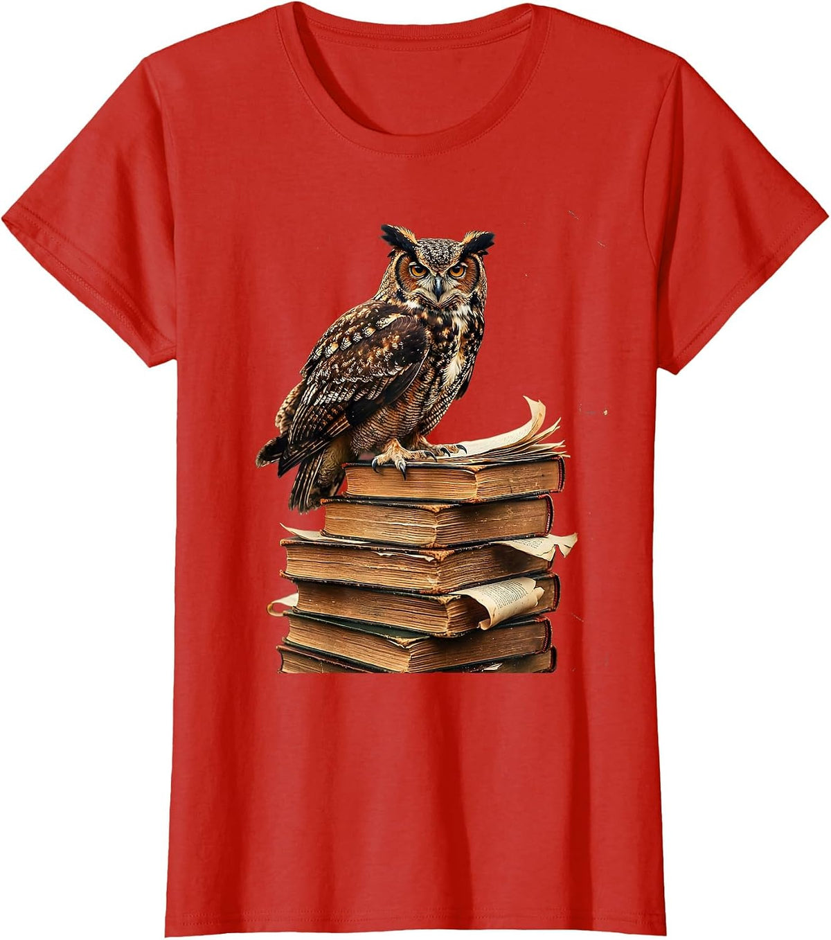 Owl on Textbooks College Graphic T-Shirt - Red