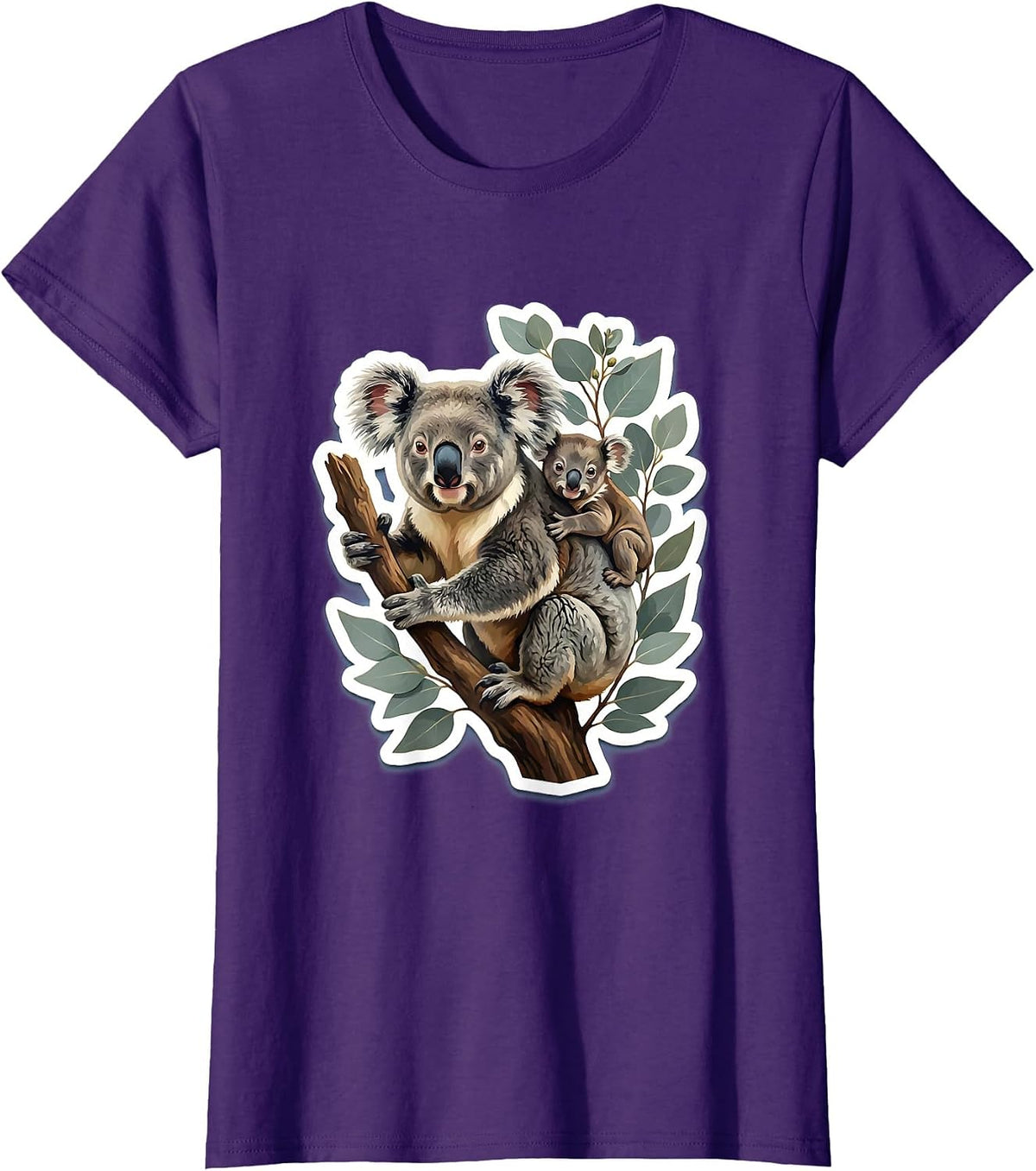 Mother Koala and Baby Clinging to Tree Design T-Shirt - Purple