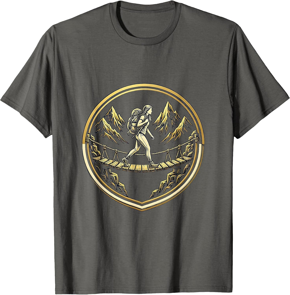 Adventure Hiker Rope Bridge Crossing Illustration T-Shirt - Asphalt Grey