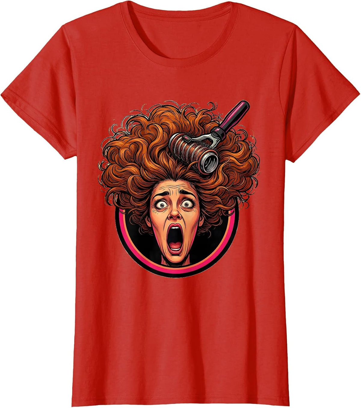 Women's Hair Tangled in Curling Iron Funny Graphic T-Shirt - Red