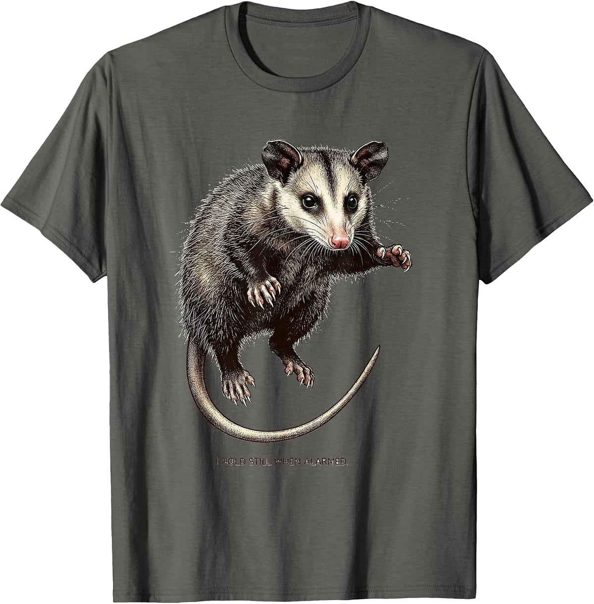Men's I Hold Still When Alarmed Funny Opossum Deadpan Humor T-Shirt - Asphalt Grey