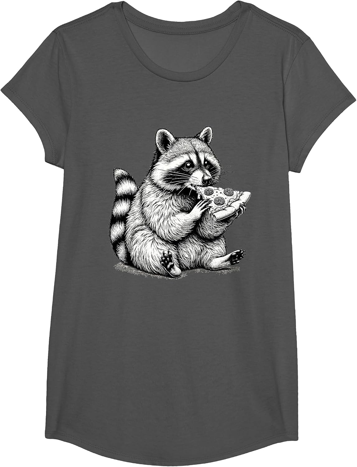 Raccoon Eating Pizza Slice Hand Drawn Art Cute Raccoon T-Shirt - Girls Asphalt Grey