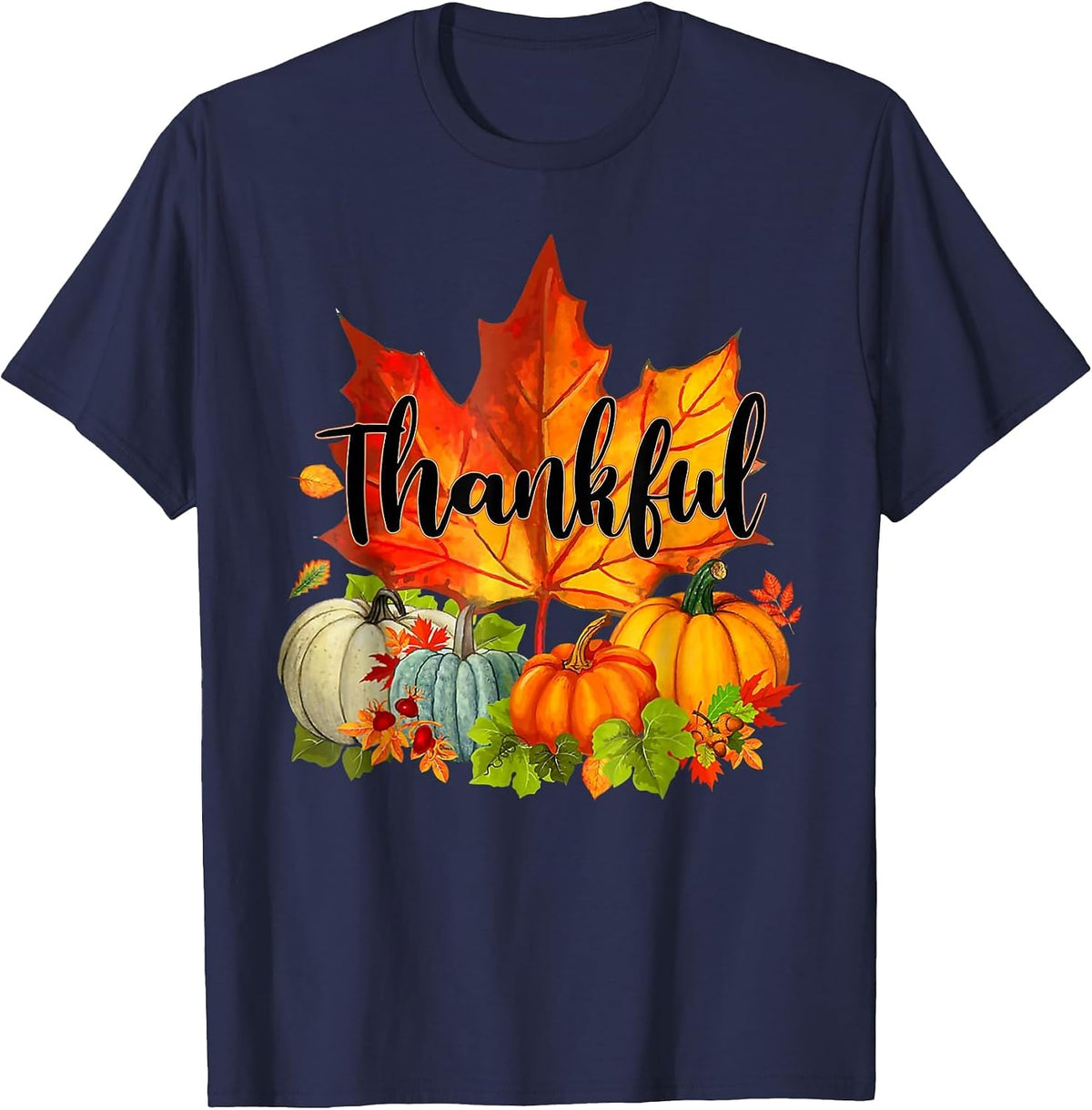 Happy Thanksgiving Day Autumn Fall Maple Leaves Thankful T-Shirt - Navy Blue