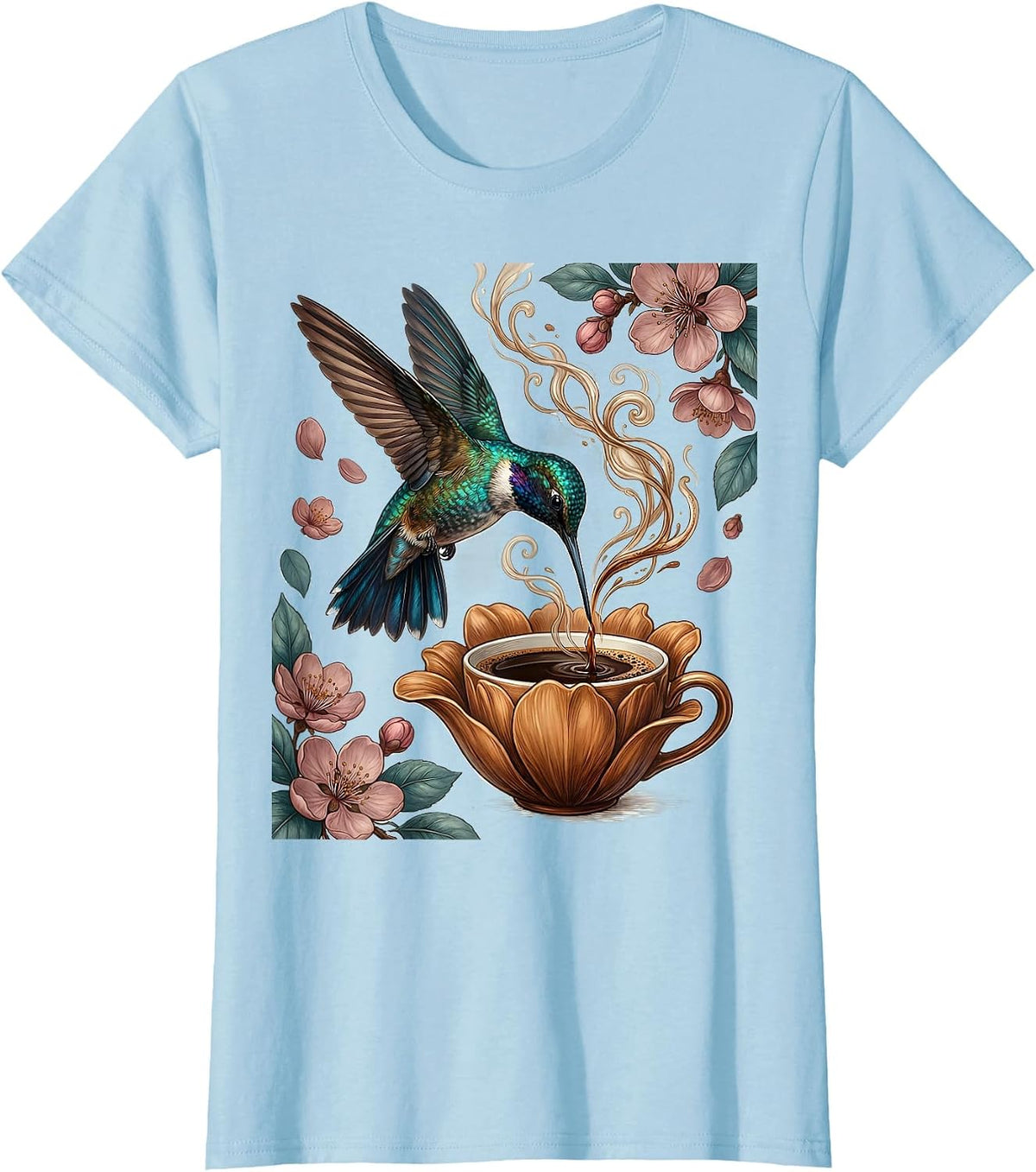 Women's Hummingbird Espresso Cup Flower Coffee Lover Design T-Shirt - Baby Blue