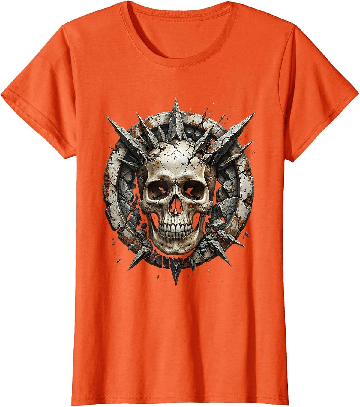 Skull Emerging From Jagged Rock Formation T-Shirt - Orange
