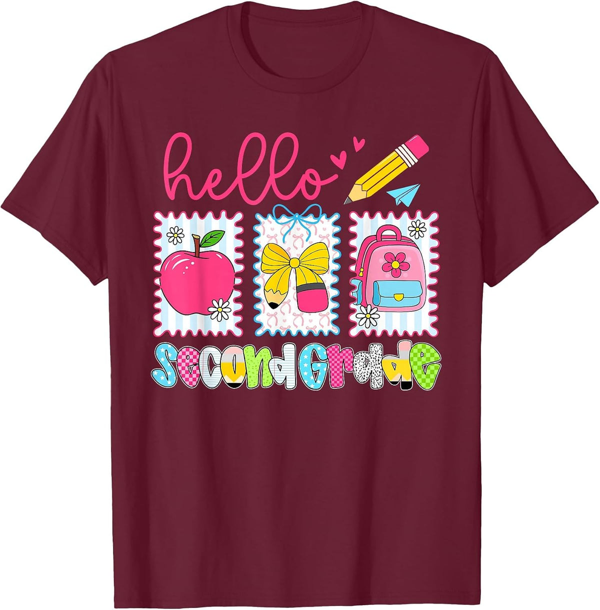 Preppy Hello Second Grade Team Back to School Teachers Kids T-Shirt, Men, Burgundy, 3X-Large - As Pictured