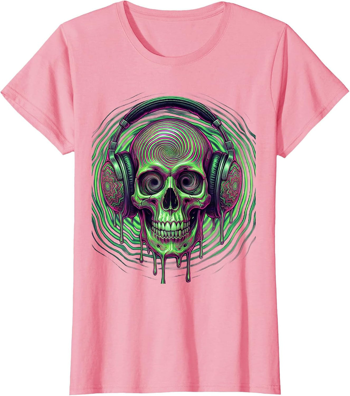 Women's Skull With Oversized Vintage Headphones Graphic T-Shirt - Pink