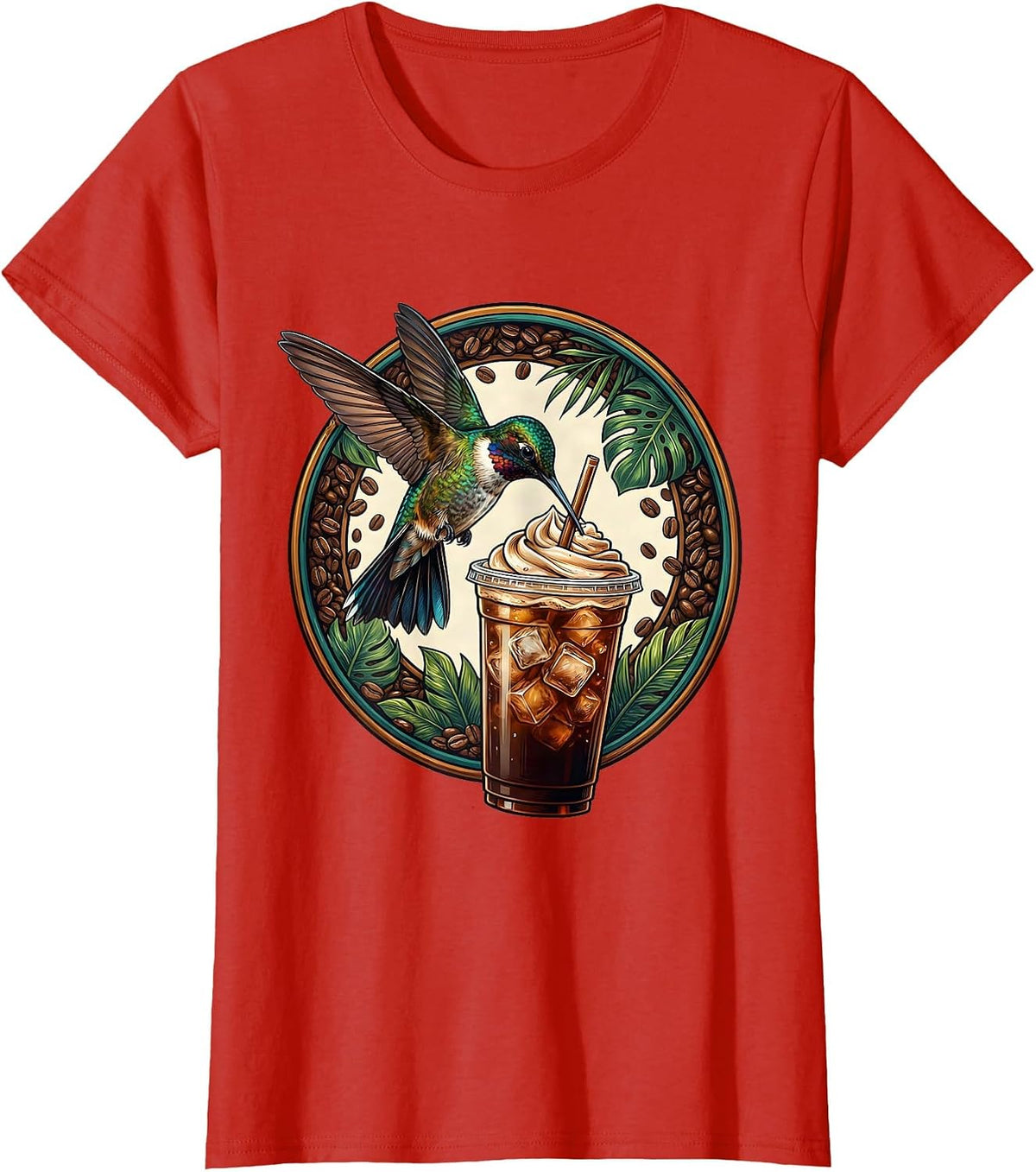 Women's Hummingbird Iced Coffee Lover Graphic Tee T-Shirt - Red
