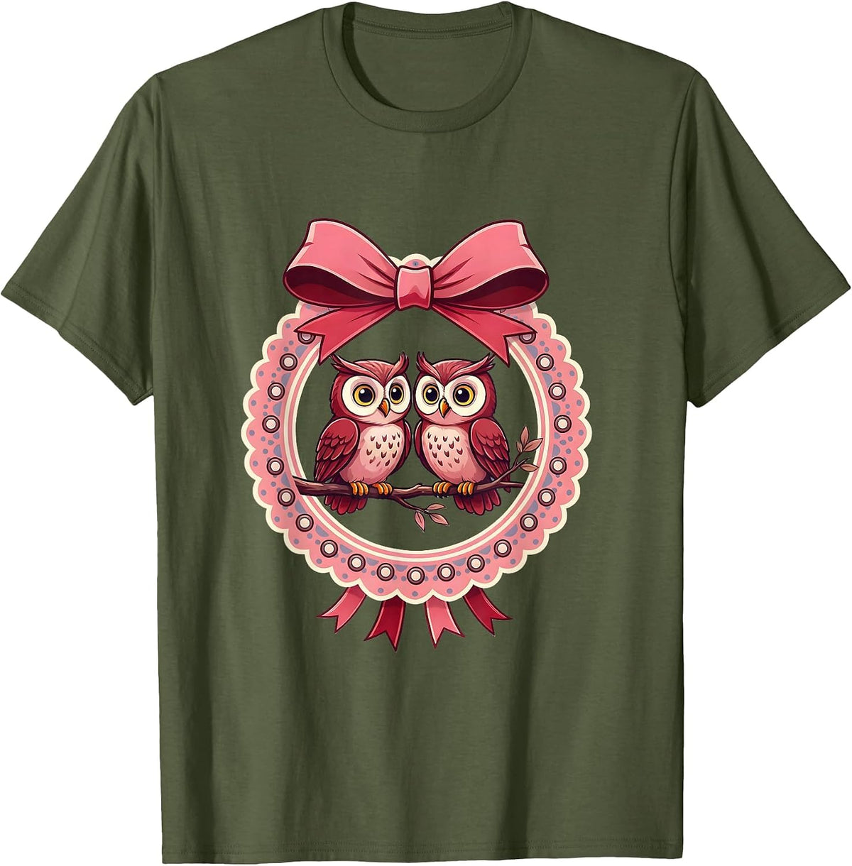 Men's I Love My Girlfriend Owl Couple Perched on Branch T-Shirt - Olive Green