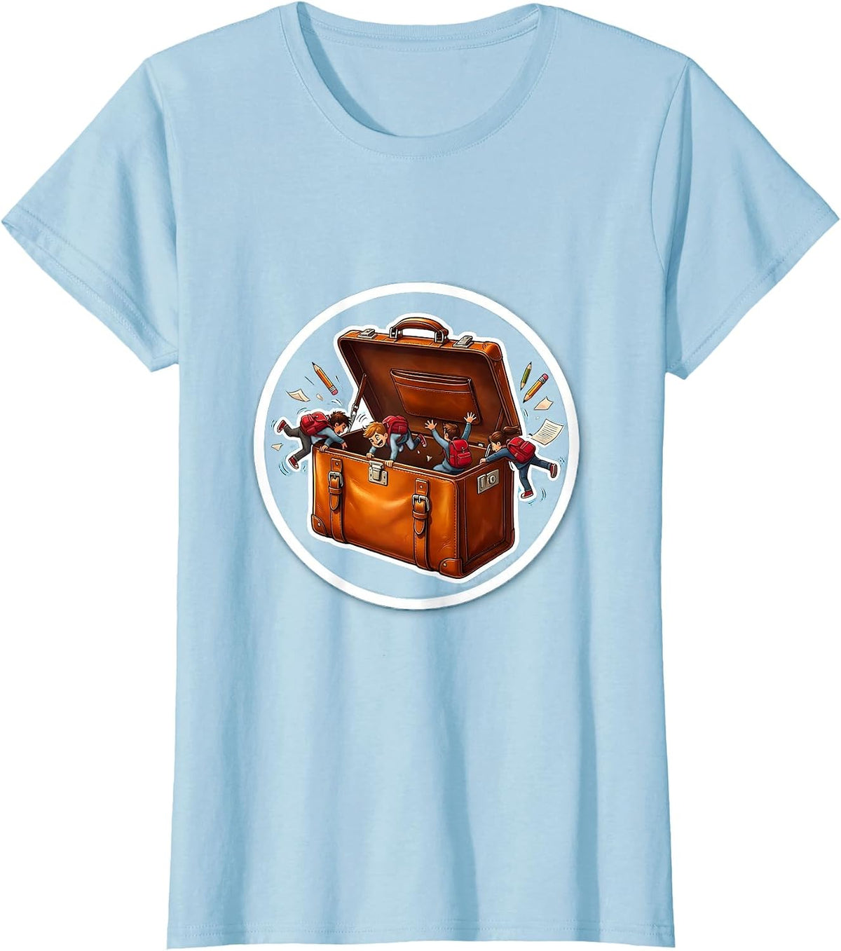 Funny Teacher Tiny Students Climbing Briefcase T-Shirt - Baby Blue